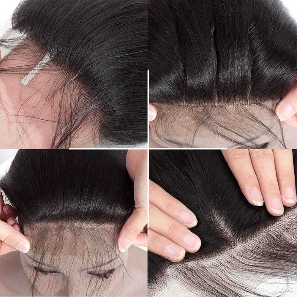4X4 Straight HD Lace Closure Human Hair Extensions 12A Brazilian Virgin Remy 100% Unprocessed Human Hair Frontal Free Part Closure Only Pre Plucked With Baby Hair Natural Black 18 Inch