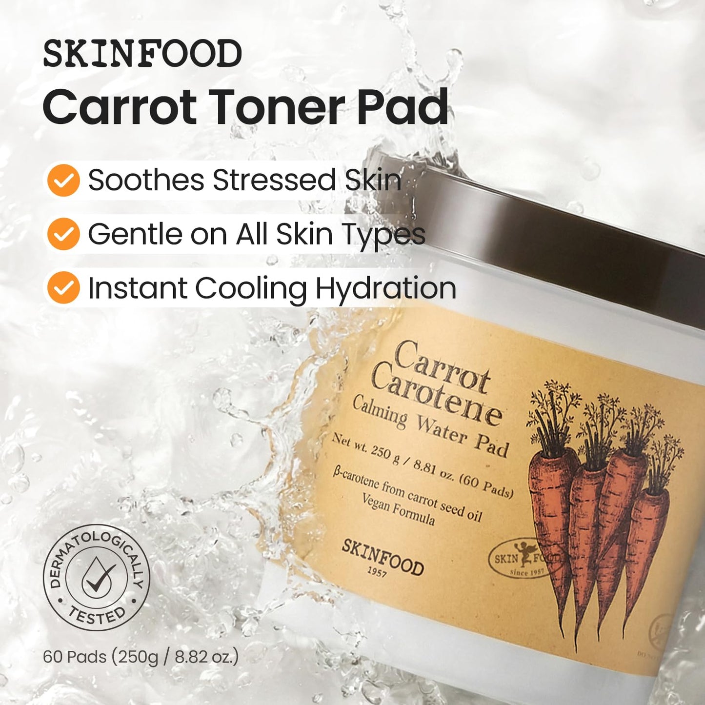 SKINFOOD Carrot Carotene Toner Pads, Hydrating & Soothing, Cotton Facial Toner Pads for Sensitive Skin, Korean Skincare for Face, Quick Calming, After Sun & Heat Care, 60 Pads