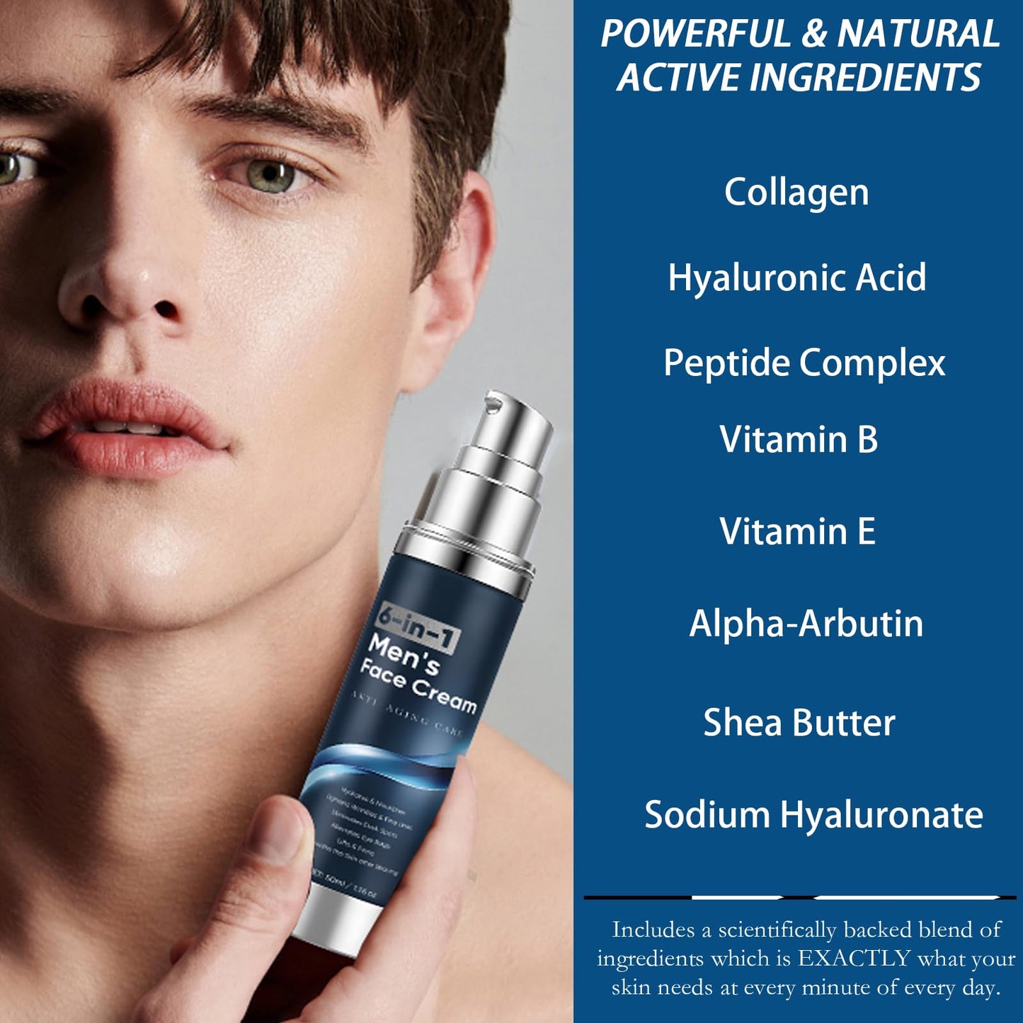 6 in 1 Face Cream for Men – Anti Aging Men’s Moisturizer with Collagen, Hyaluronic Acid and Shea Butter – Daily Skin Care – Reduce the Look of Eye Bags, Dark Circles and Puffiness – 1.76 fl oz (1)