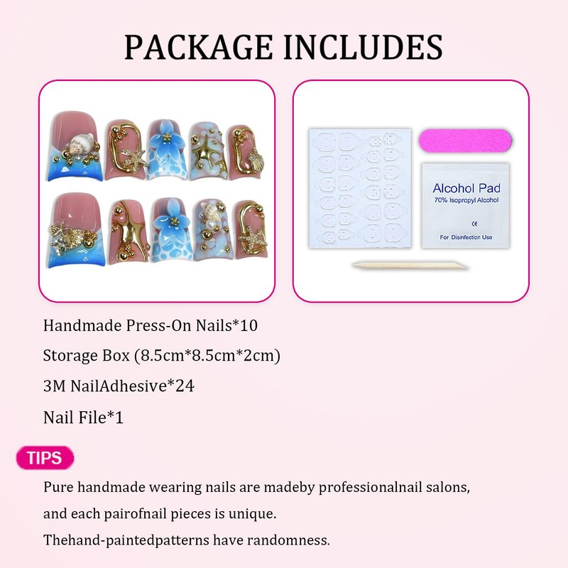 Handmade Press on Nails 3D Golden Starfish Shell Fake Nails Muti-Layer Gel Acrylic Nail Blue Flower Embossed False Nails Reusable Manicure Art Full Cover Short Duck Stick on Nail for Women（S)