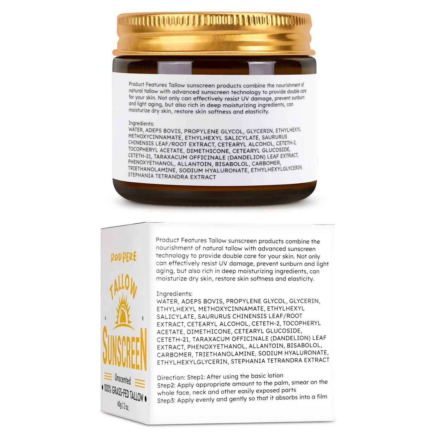 Beef Tallow Sunscreen SPF 50 For Face & Body, 2 PCS Natural & Organic Tallow Sun Balm With Zinc, Hyaluronic Acid For Sensitive Skin, Broad Spectrum, Moisturizing, Reef Safe, No White Residue