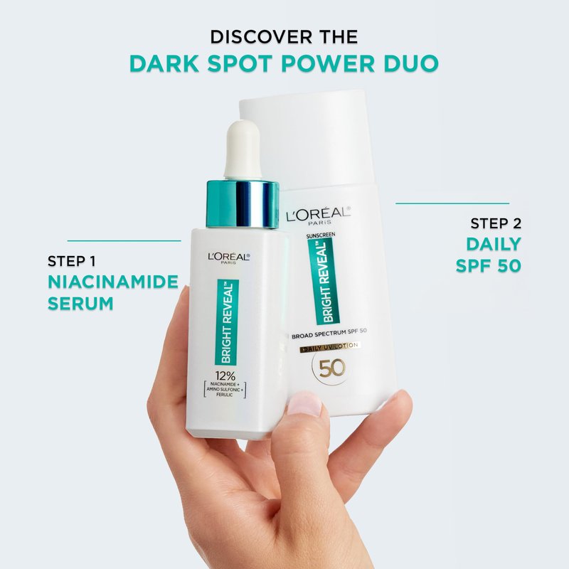 L’Oréal Paris Bright Reveal 12% [Niacinamide + Amino Sulfonic + Ferulic] Dark Spot Serum 1oz + Moisturizer Sample