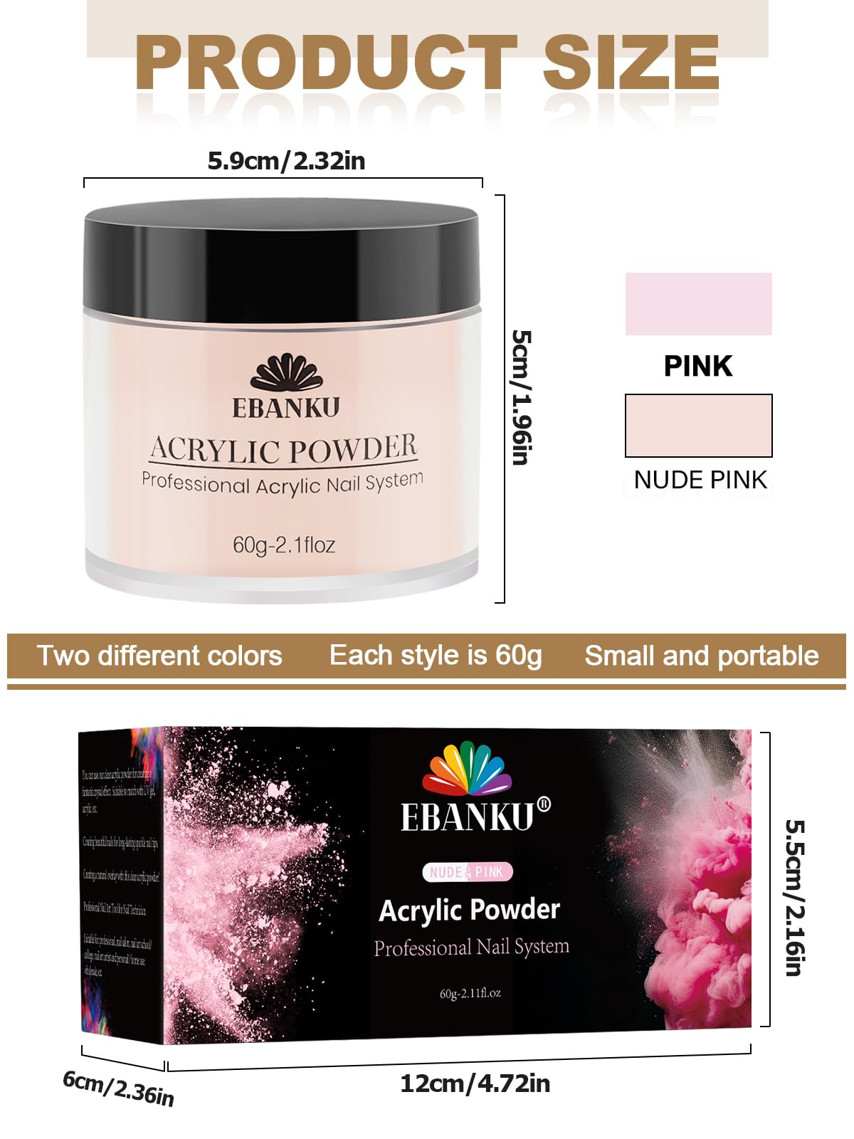 EBANKU Nude Pink Acrylic Powder, 2 * 60g/2.1oz Acrylic Powder Large Capacity Professional Acrylic Nail Powder for Nail Acrylic Extension, Nail Carving, Long-Lasting, No Nail Lamp Needed