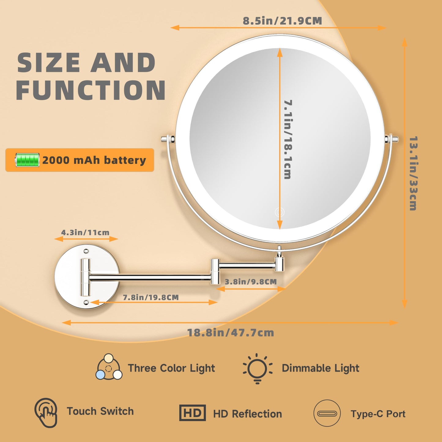 BATUSO 8.5 Inch Wall Mounted Lighted Makeup Mirror, 1X/10X Magnifying Mirror with 19.7 Inch Extended Arm, 3 Color Lights Touch Dimmable, 360 Rotation, 2000mAh Rechargeable Bathroom Vanity Mirror Round