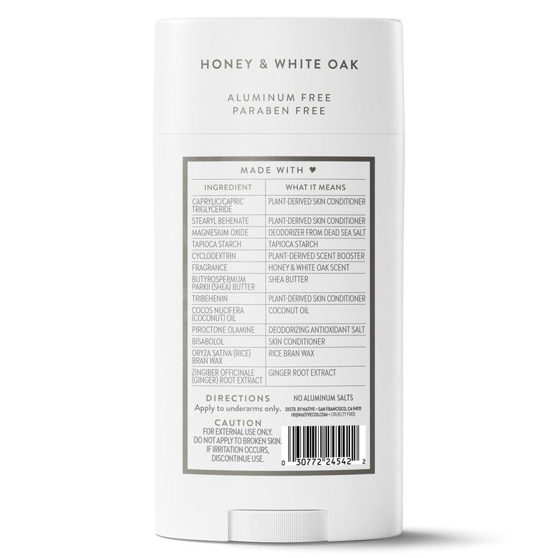 Native Aluminum Free Deodorant, Honey & White Oak, Large Size Stick, 72 Hour Odor Control, for Women & Men, Contains Naturally Derived Ingredients, 3.1 oz