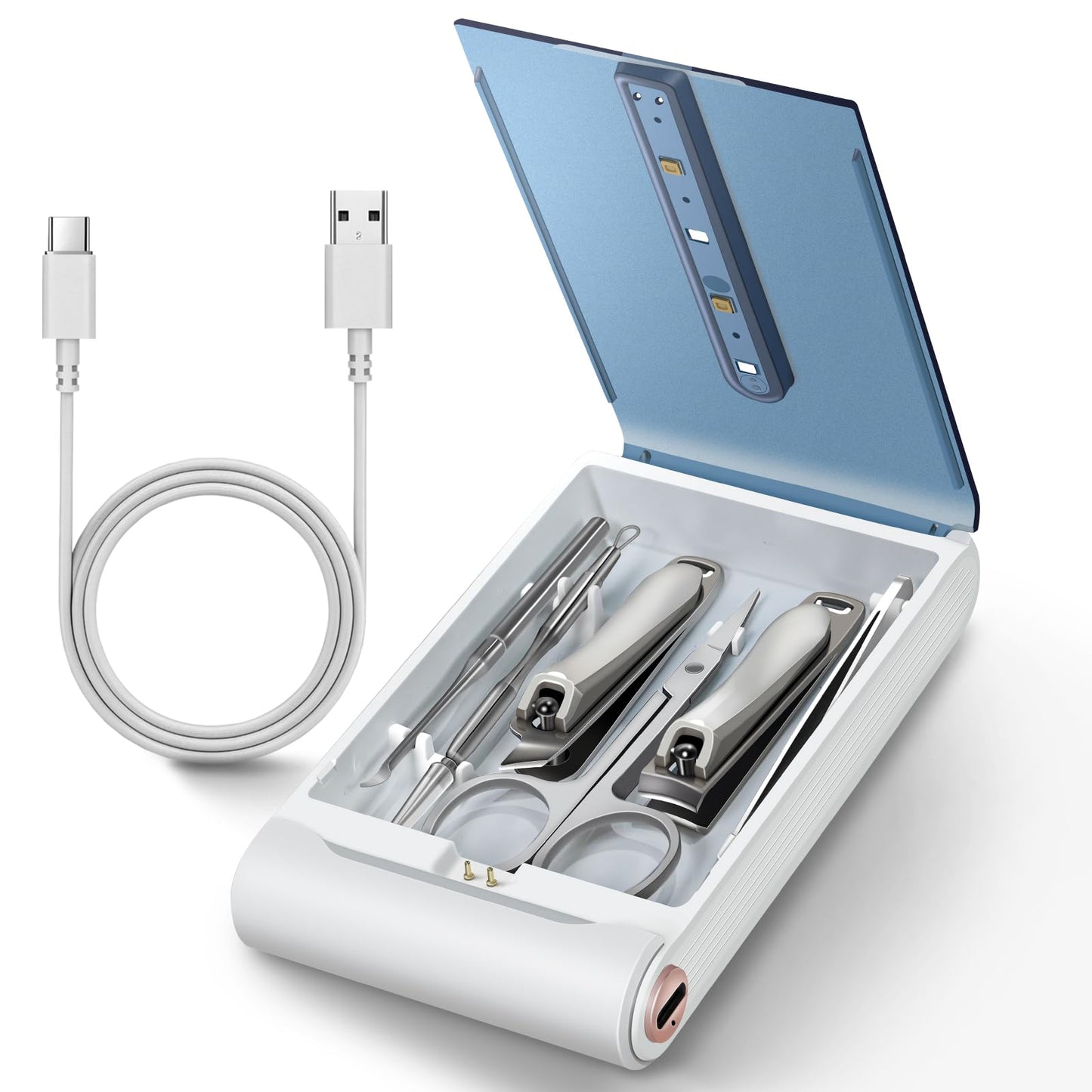 Nail Clipper Set with Disinfection Rechargeable Storage Box 6Pcs Manicure Pedicure Kit Stainless Steel Nail Grooming Tools Fingernail and Toenail Clipper Cutters Perfect Gifts for All Genders