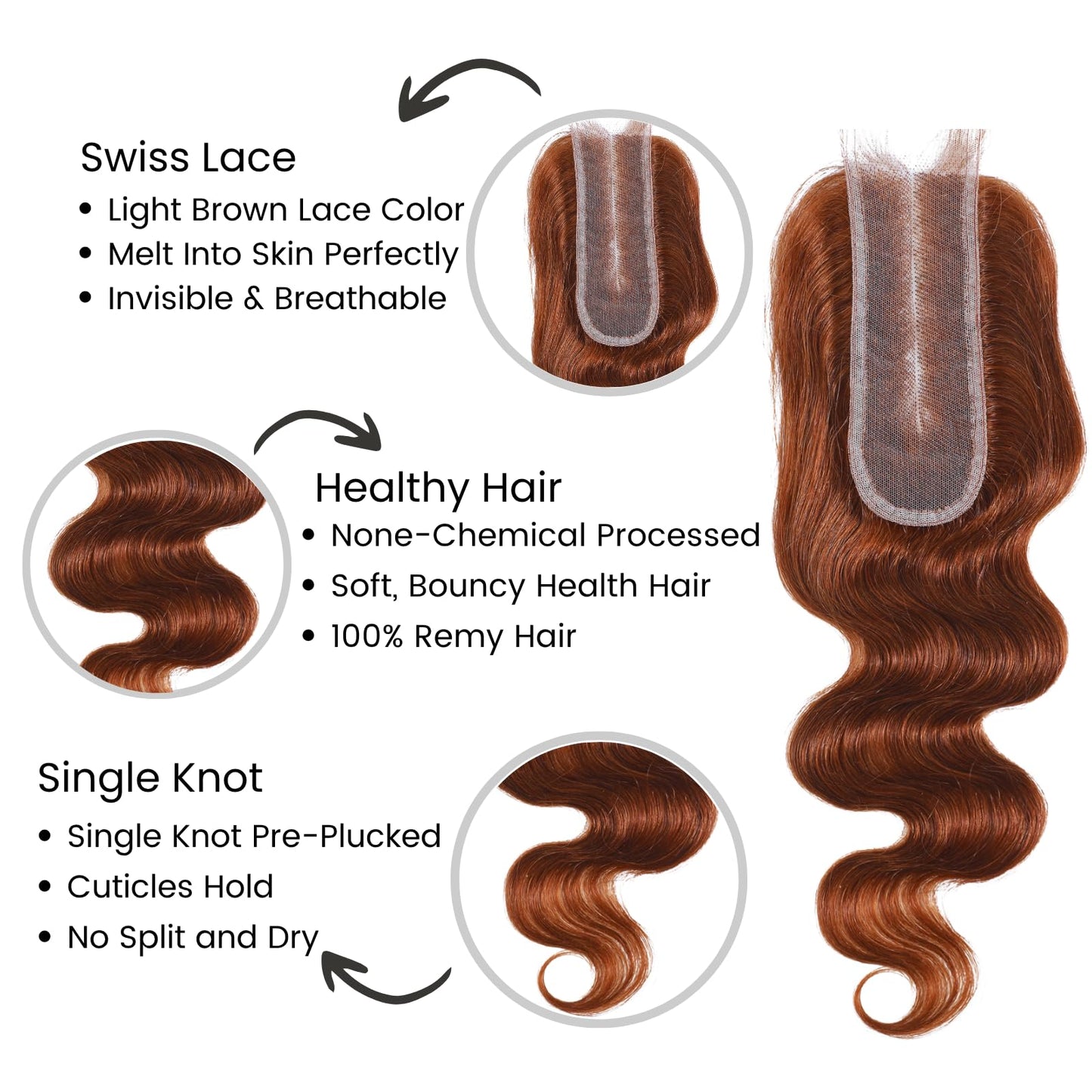 ALHER 33 Reddish Brown Body Wave Long Deep Part 2x6 Lace Closure, Copper Brown Colored 2x6 Kim K Closure Pre Plucked with Baby Hair, 12A 100% Brazilian Virgin Remy Human Hair for Black Women 14 Inch
