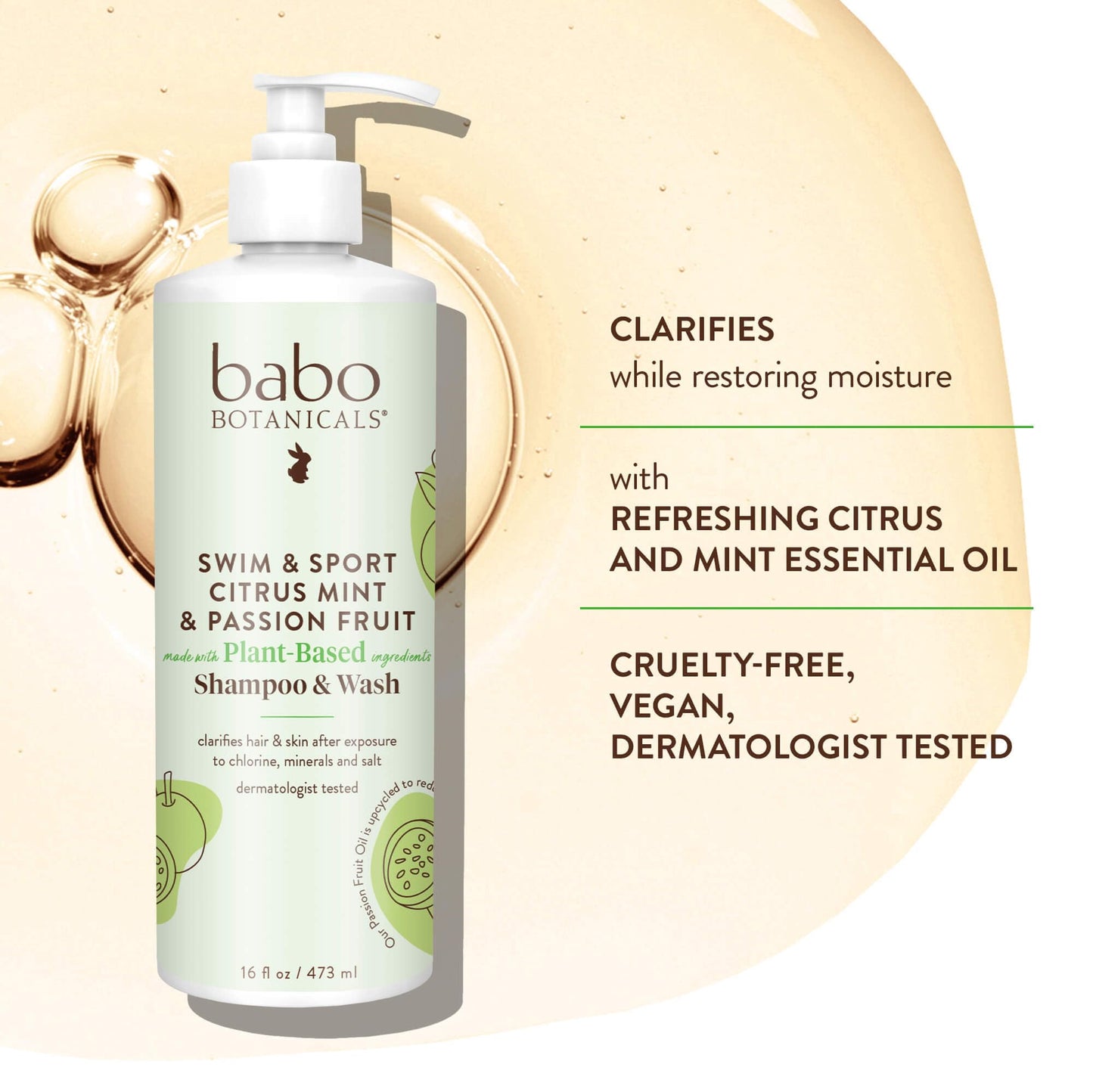 Babo Botanicals Swim & Sport Citrus Mint & Passion Fruit Shampoo & Wash - Purifying Cleanser for hair & body- Removes chlorine & sweat - For all ages - Scented with Citrus & Peppermint Oil - 16 Fl Oz