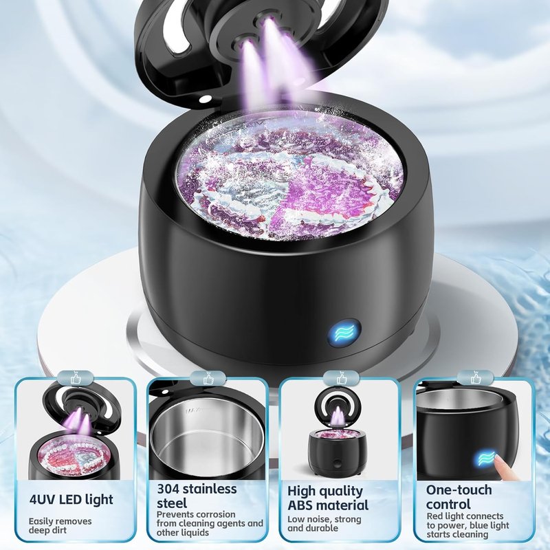 Ultrasonic Retainer Cleaner Machine - 42kHz for Dentures, Aligners & Jewelry | Black