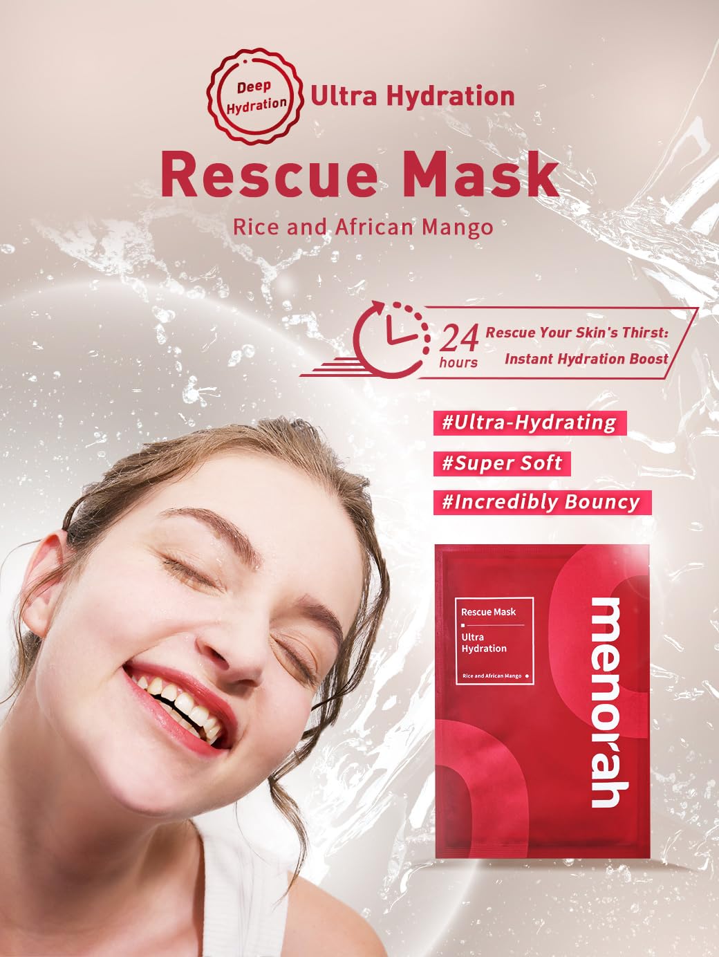 menorah skincare - Ultra Hydration Rescue Sheet Mask (7 Sheets) - with Rice, African Mango, Face sheet masks, Moisturizing mask, Super Hydration and Moisturizing, 100% Organic cotton sheet mask