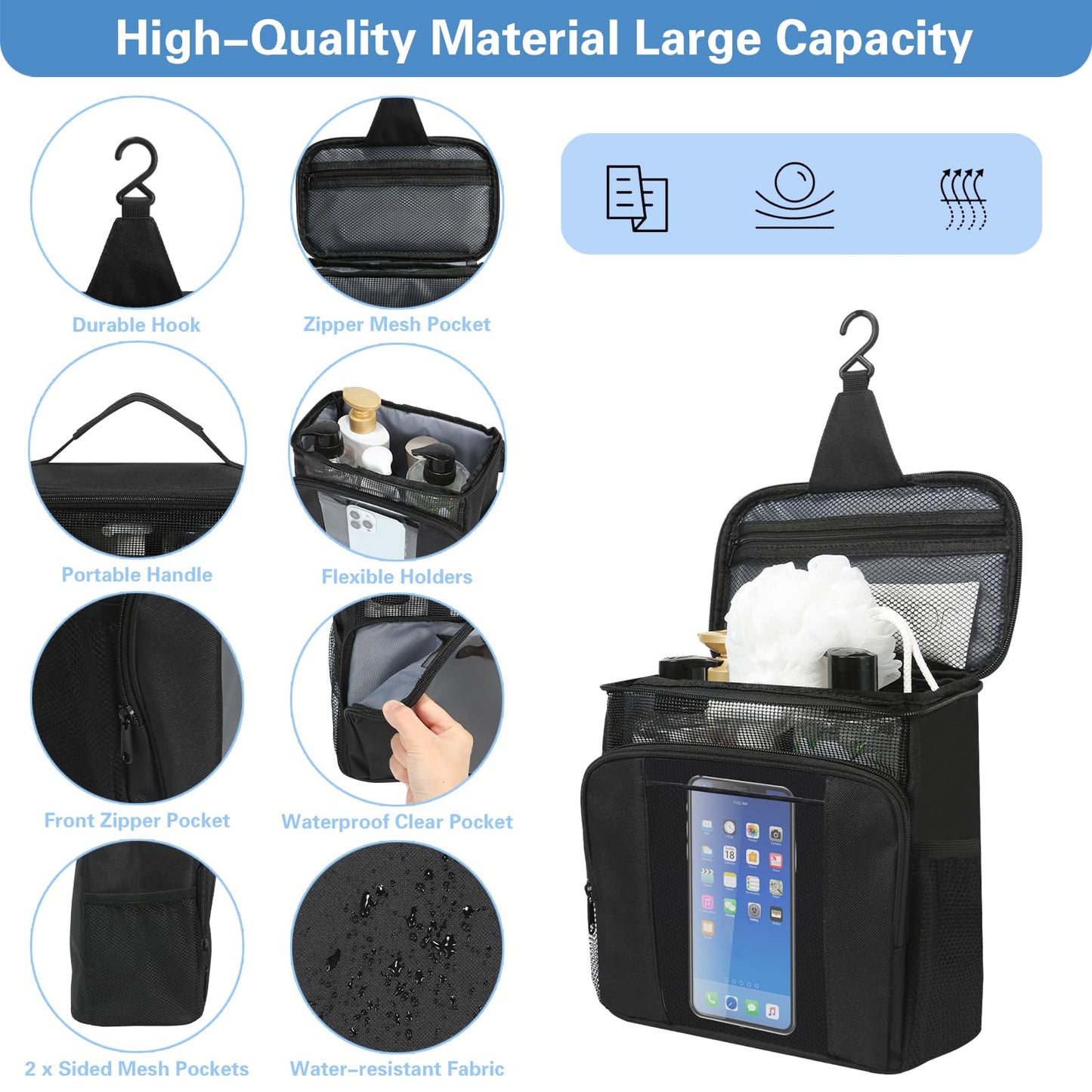Hanging Toiletry Bag for Traveling Women & Men - Large Capacity Shower Caddy Bag for Makeup and Toiletries，Water-resistant Makeup Cosmetic Bag for Accessories, Shampoo, Full-size Container, Toiletries