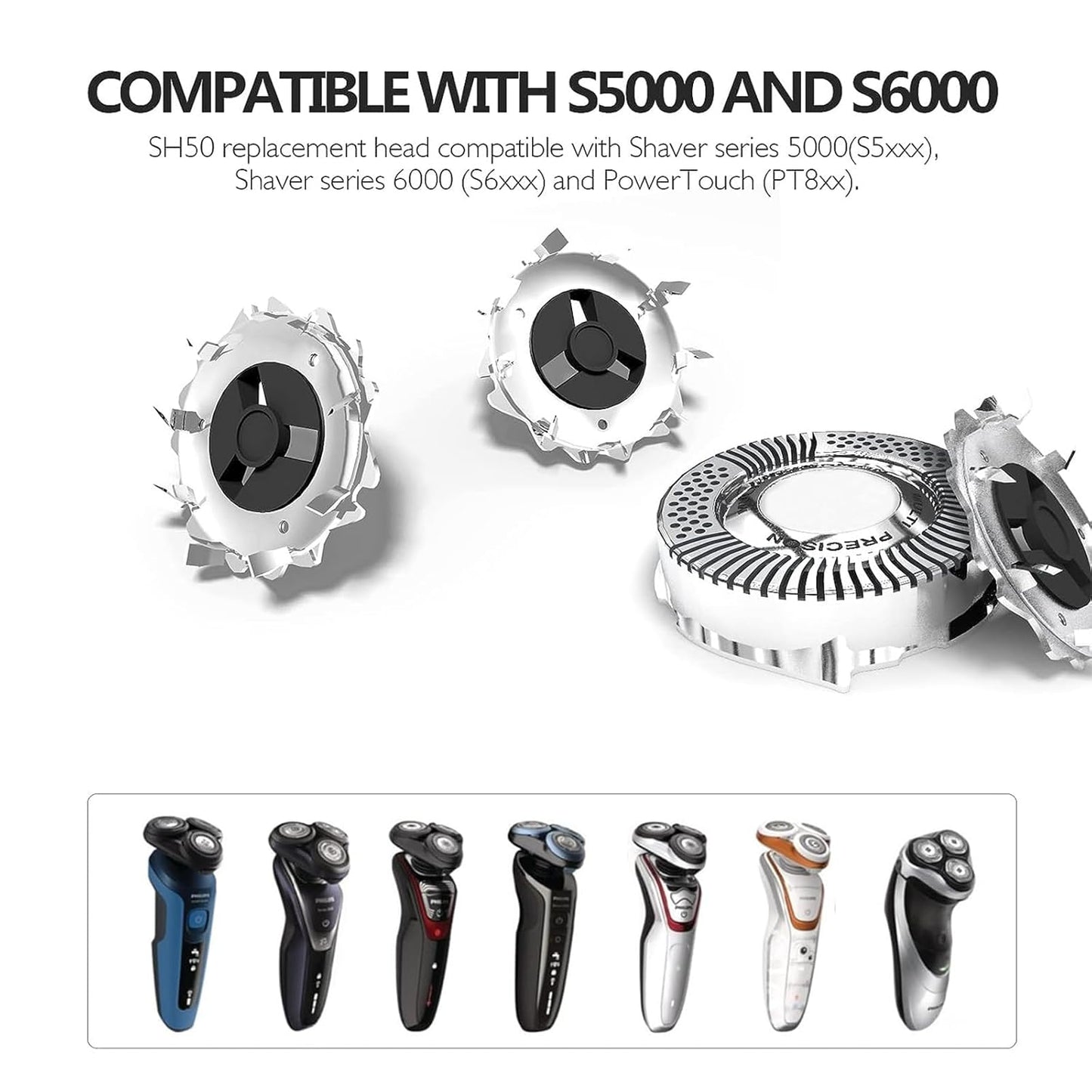 Philips Norelco SH50/52 Replacement Heads - Compatible Electric Shaver Parts | 6-Pack for Series 5000