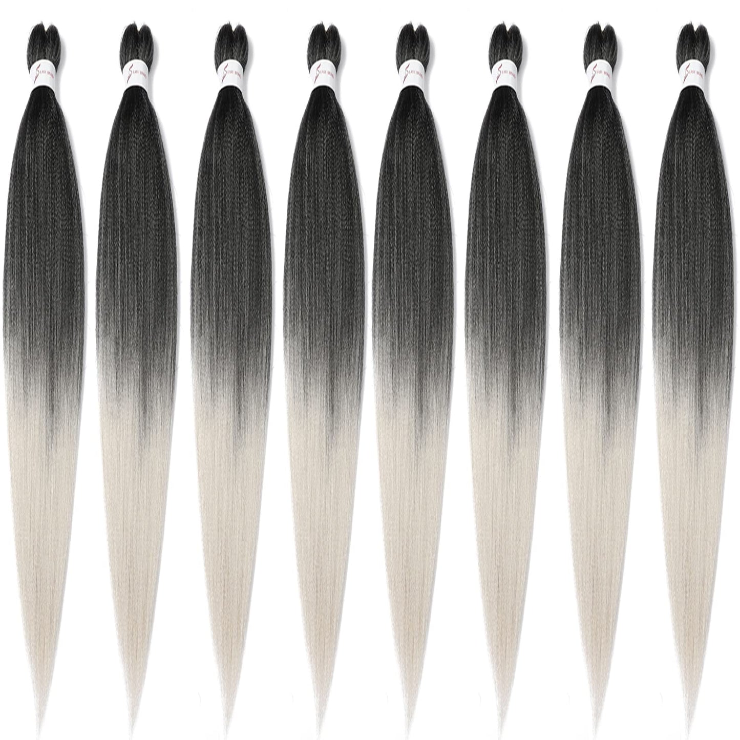 8 Packs Pre Stretched Braiding Hair, 48 Inch Braiding Hair Pre Stretched Yaki Texture, Hot Water Setting, Easy To Install Professional Synthetic Ombre Braiding Hair(1B/Silver)