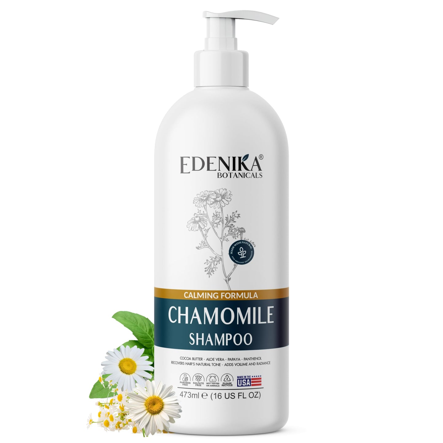 Edenika Botanicals Chamomile Shampoo with Cocoa Butter, Aloe Vera & Papaya, 16 fl oz, Calming & Hydrating Formula, Vegan, Sulfate-Free, Paraben-Free, for All Hair Types