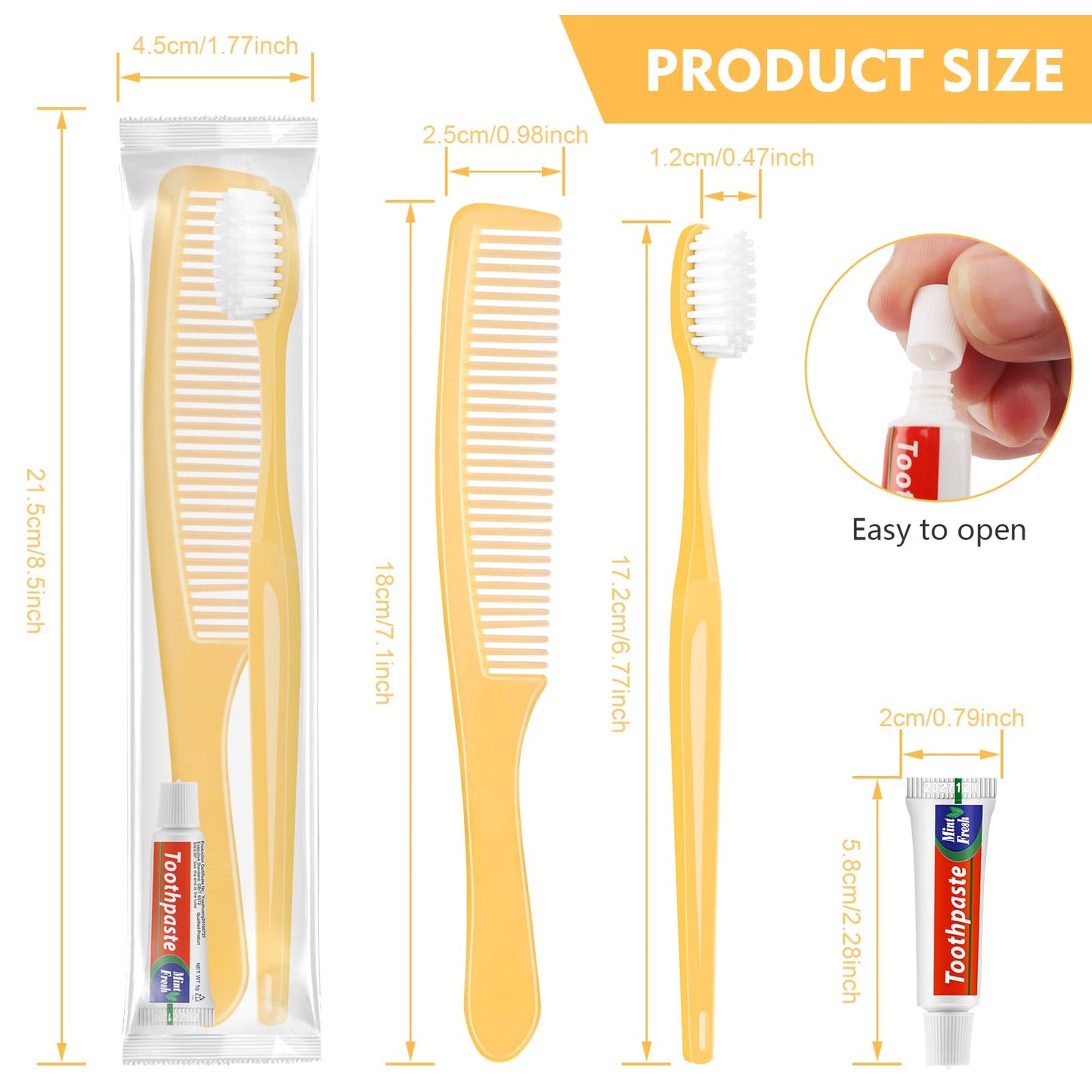 NICEMOVIC 100 Pack Disposable Travel Toothbrushes Bulk with Toothpaste and Comb Travel Size Toothpaste Set Homeless Care Package Supplies for Bulk Individually Wrapped Disposable Hotel Charity, Yellow