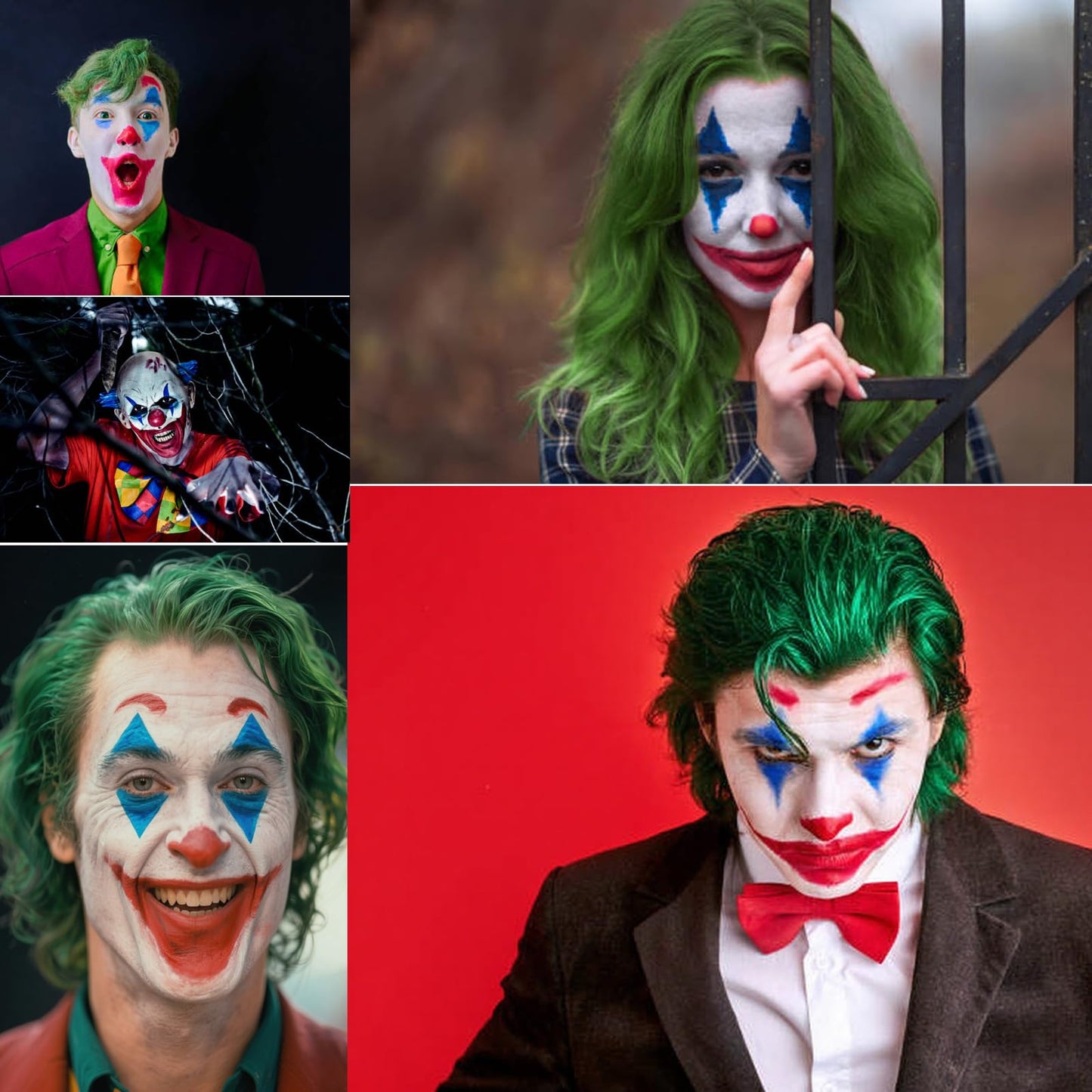 MEICOLY Joker Makeup Kit,Complete Joker Costume Clown Makeup,Clown White Face Paint Character Set for Halloween SFX Cosplay Stage Performance Theatre,Green Hair Dye,Setting Powder,Red Lip Gloss