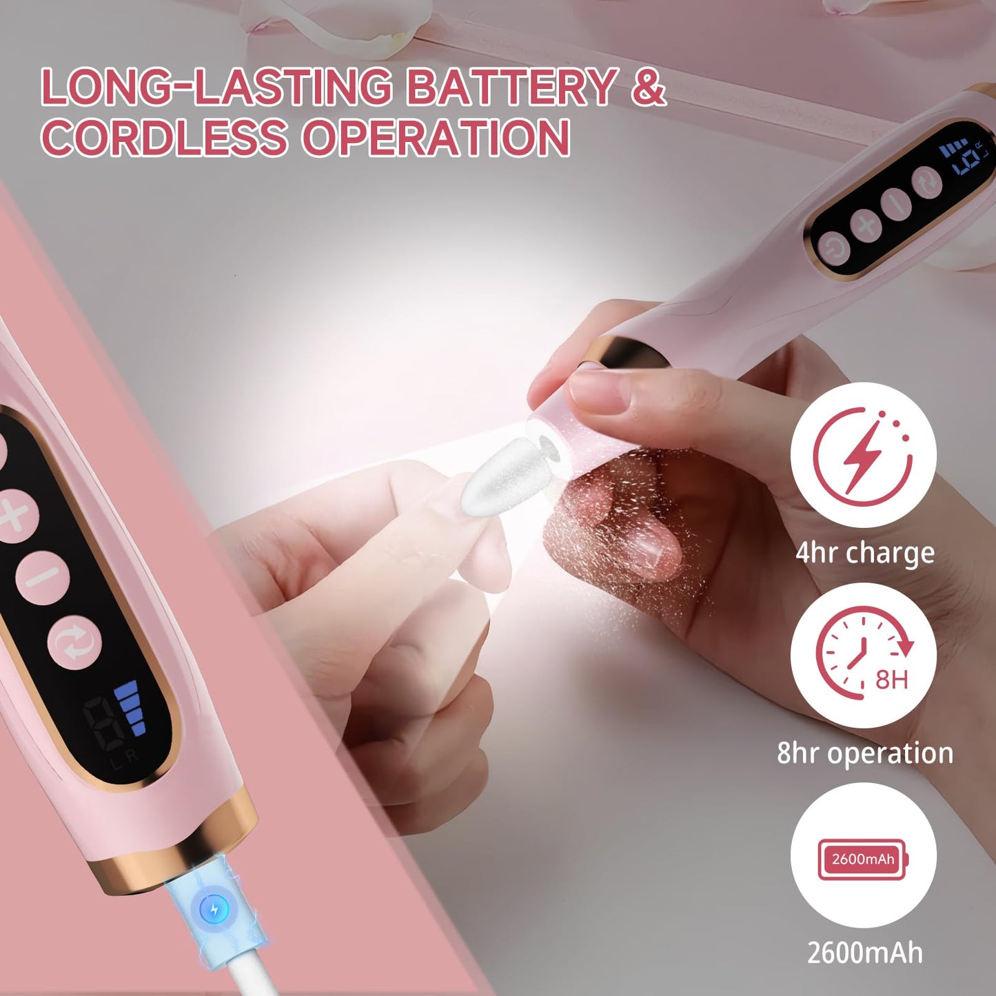 Cordless Nail Drill, Long-Lasting Electric Nail File, Low Noise Electric Nail Drill with 360° LED Light & 6 Speeds, Toenail Grinder for Thick Nail Toenail Cuticle Women Men Baby Pets