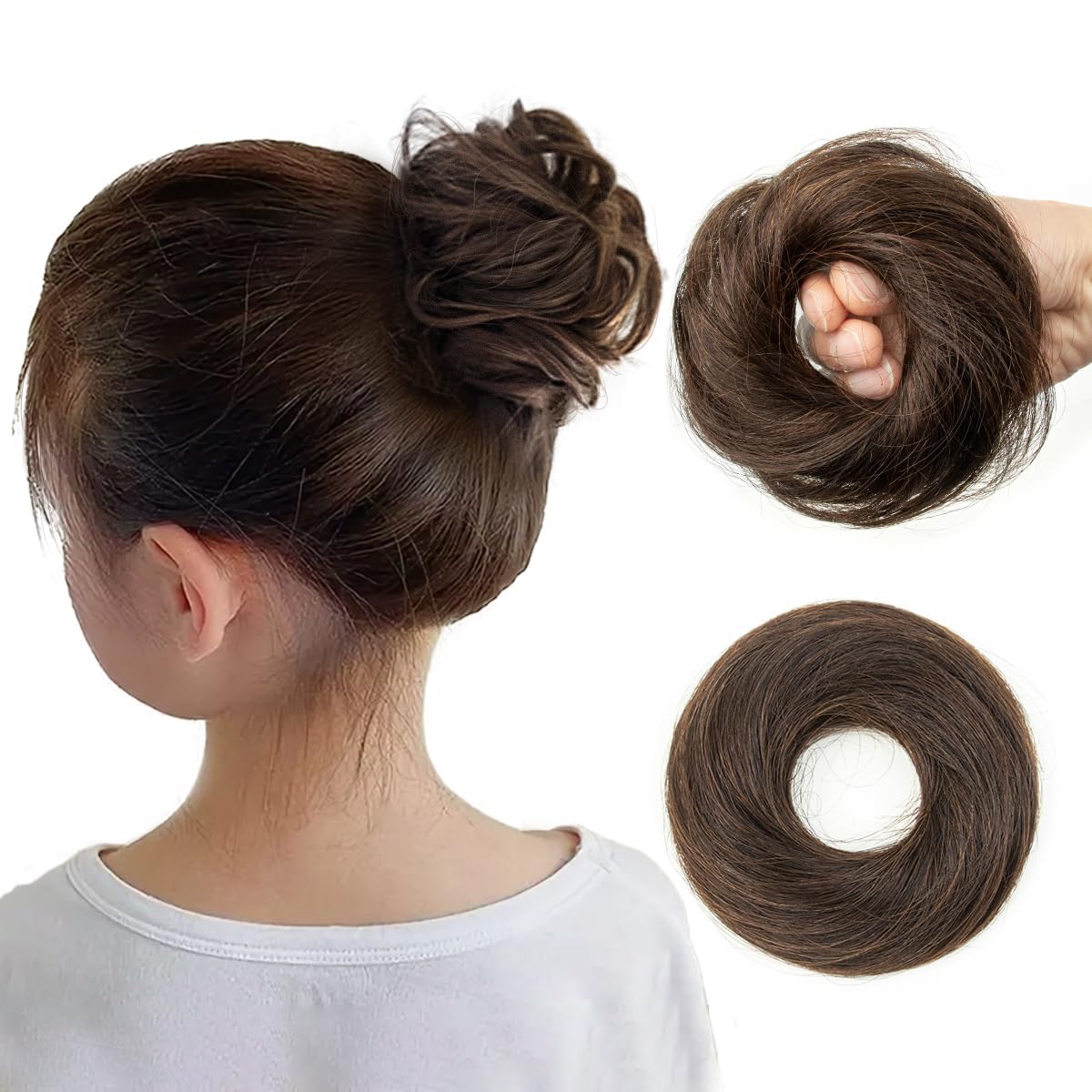 Messy Bun Hair Piece - 2 PCS Dark Brown Soft Fluffy Scrunchies for Easy Updos | Ideal for Women & Kids
