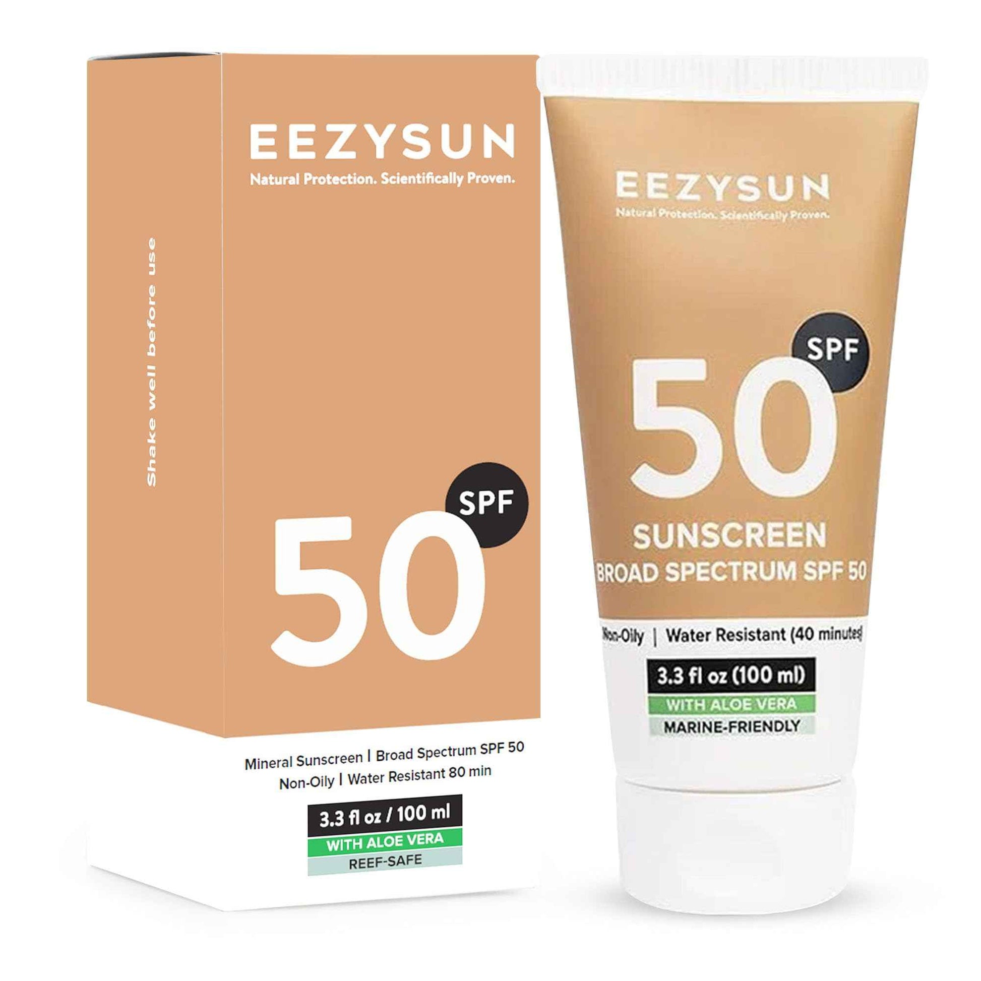 EEZYSUN Mineral SPF 50 Sunscreen | Infused with Aloe Vera | Vegan and Cruelty-Free | Hawaii 104 Reef Act Compliant | Broad Spectrum with UVA/UVB Protection | Natural & Non-Oily | 3.3 FL OZ