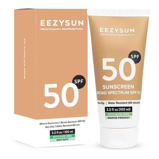 EEZYSUN Mineral SPF 50 Sunscreen | Infused with Aloe Vera | Vegan and Cruelty-Free | Hawaii 104 Reef Act Compliant | Broad Spectrum with UVA/UVB Protection | Natural & Non-Oily | 3.3 FL OZ
