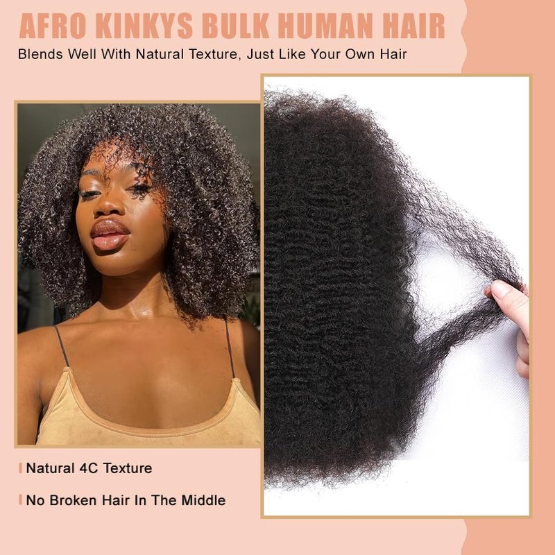 Afro Kinkys Bulk 100% Human Hair For Twist Dreadlock Extensions Afro Kinky Curly Human Braiding Hair For Repair Crochet Dreads Loc Twist Braids (#1B, 12Inch-50Gram)