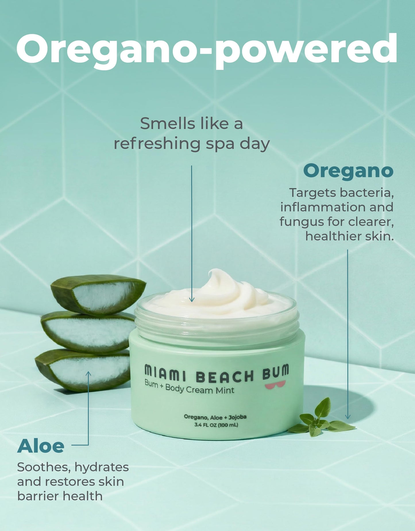 Miami Beach Bum Bum Body Cream - 3.4 oz Bum Lotion Oregano Aloe + Jojoba Daily Moisturizer for Skin Health, Razor Bumps, Keratosis Pilaris, Ingrown Hairs, Sunburns, Blemishes
