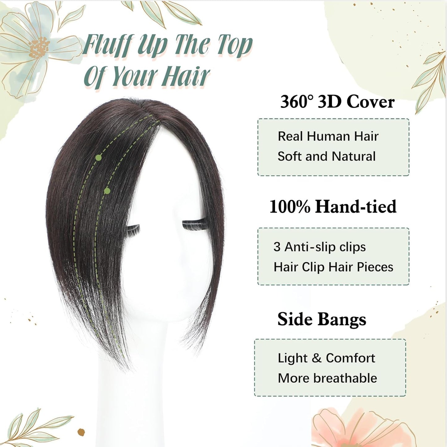 Black Hair Toppers for Women - Real Human Hair 3D Design | No Bangs, 10 Inch for Thinning Hair