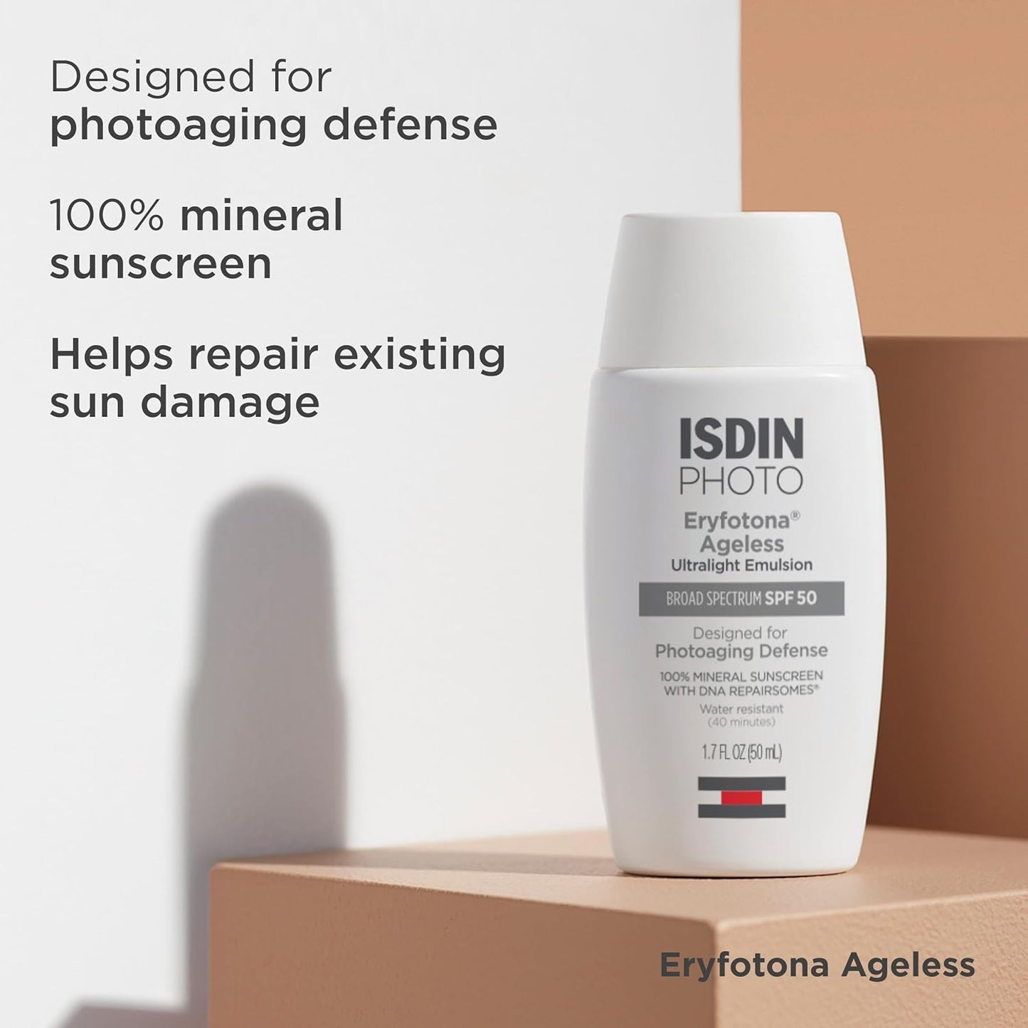 ISDIN Eryfotona Ageless Tinted Mineral Sunscreen SPF 50 - Anti-Aging Face Sunscreen with Zinc Oxide & Vitamin E | Universal Tint, No White Cast