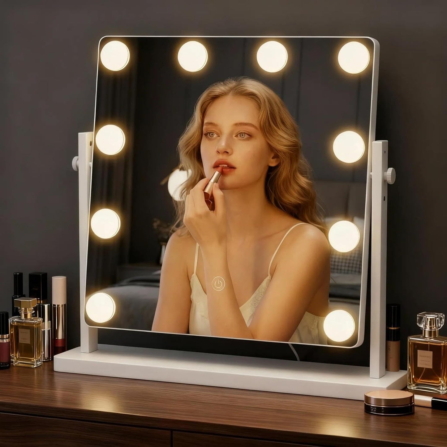 Hollywood Makeup Vanity Mirror with Lights - Adjustable Height, 3-Color Dimmable Lighting, 360° Rotation | 15.7" Size