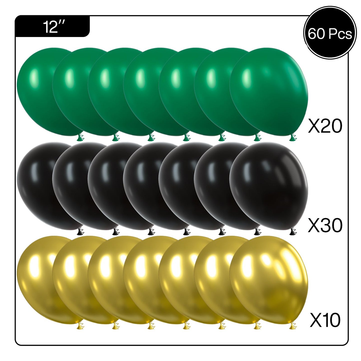 PartyWoo Black Gold and Green Balloons, 60 Pcs 12 Inch Green Black and Gold Green Gold Balloons for Party Decorations, Green Birthday Decorations