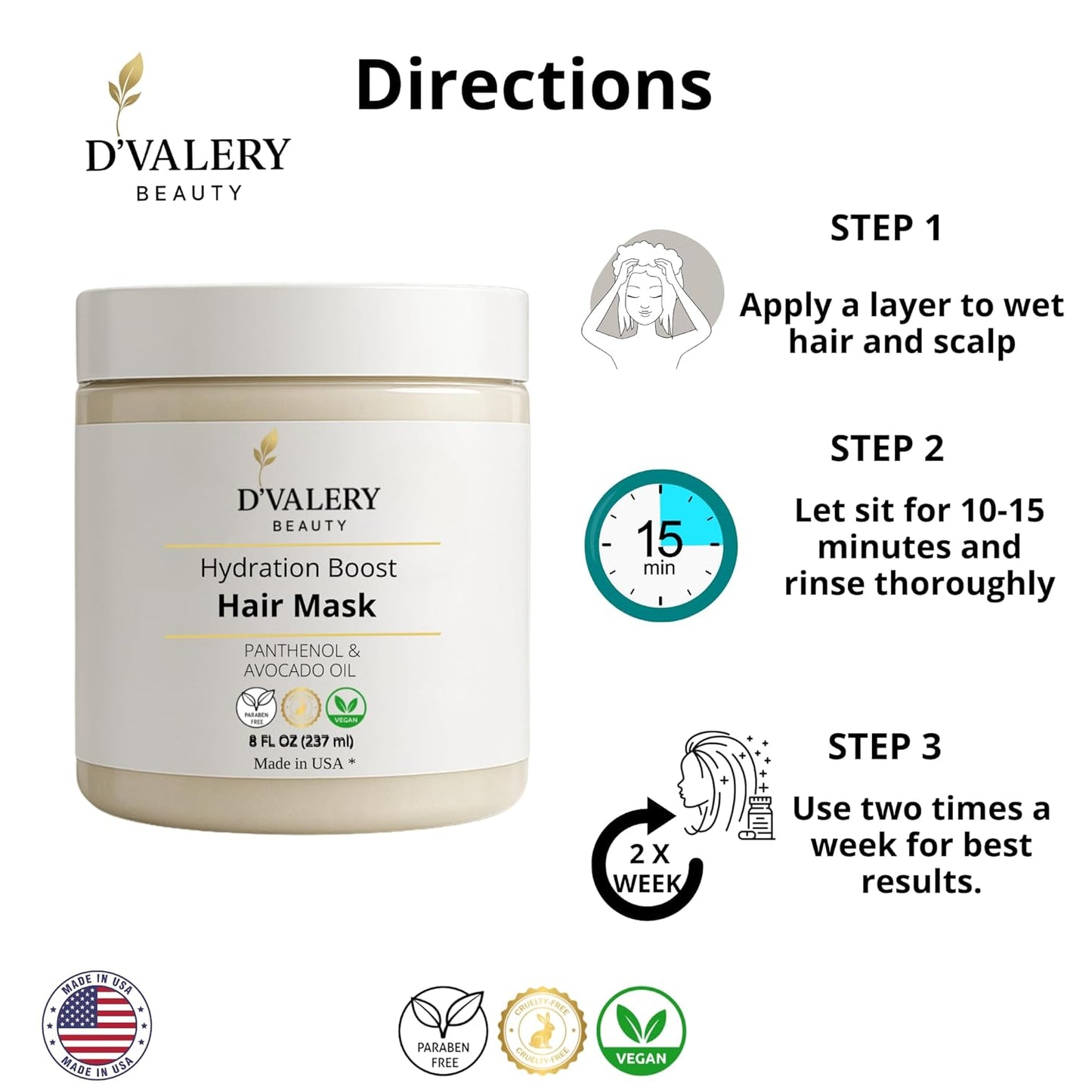 Hydrating Hair Mask - Avocado Oil & Panthenol Deep Conditioning Treatment for Dry, Damaged Hair | 8 oz