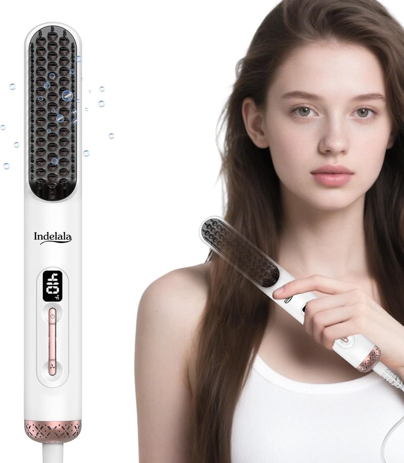 Ionic Hair Straightener Brush - Anti-Frizz Straightening Comb with 10 Temp Settings | Fast Heating, Dual Voltage