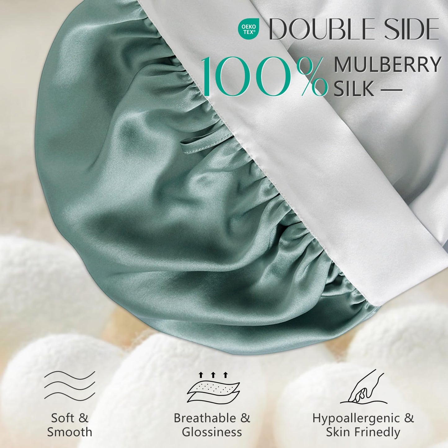 ZIMASILK 100% Mulberry Silk Bonnet for Sleeping Women Double-Layered Breathable Hair Wrap with Silk Tie Band - Reducing Hair Friction (1Pc, Grayish Green)