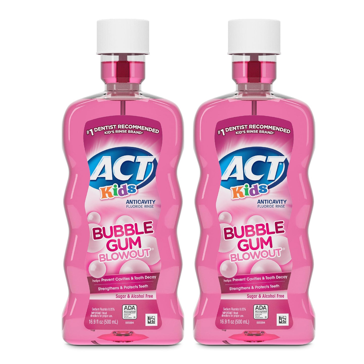 ACT Kids Anticavity Fluoride Mouthwash, Sugar & Alcohol Free Mouth Rinse Strengthens Teeth, Bubble Gum Blowout, 16.9 fl. oz., 2pk