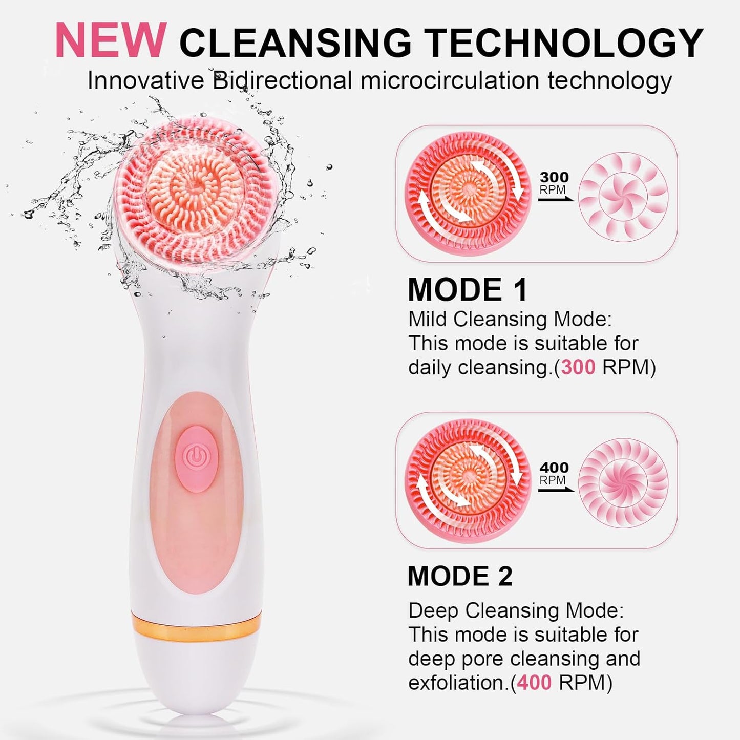 Electric Facial Cleansing Brush - 3-in-1 Waterproof Scrubber with 3 Brush Heads for All Skin Types | Rechargeable Pink