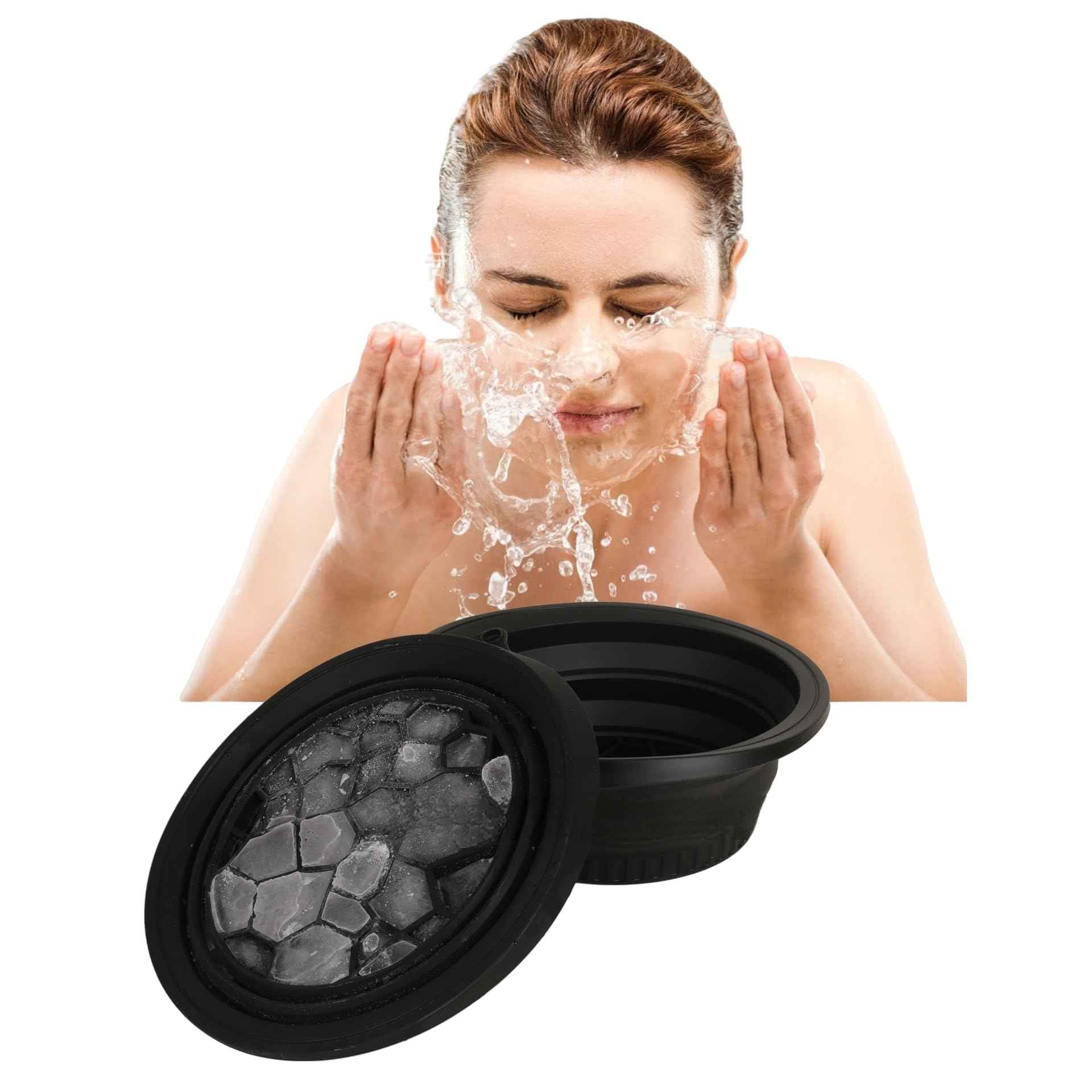 Portable Ice Bath Bowl for Face - Collapsible Silicone Bowl with Built-In Ice Tray for Acne Relief, Pore Minimizing & Glowing Skin | Cold Therapy for Home, Travel & Parties (Black)