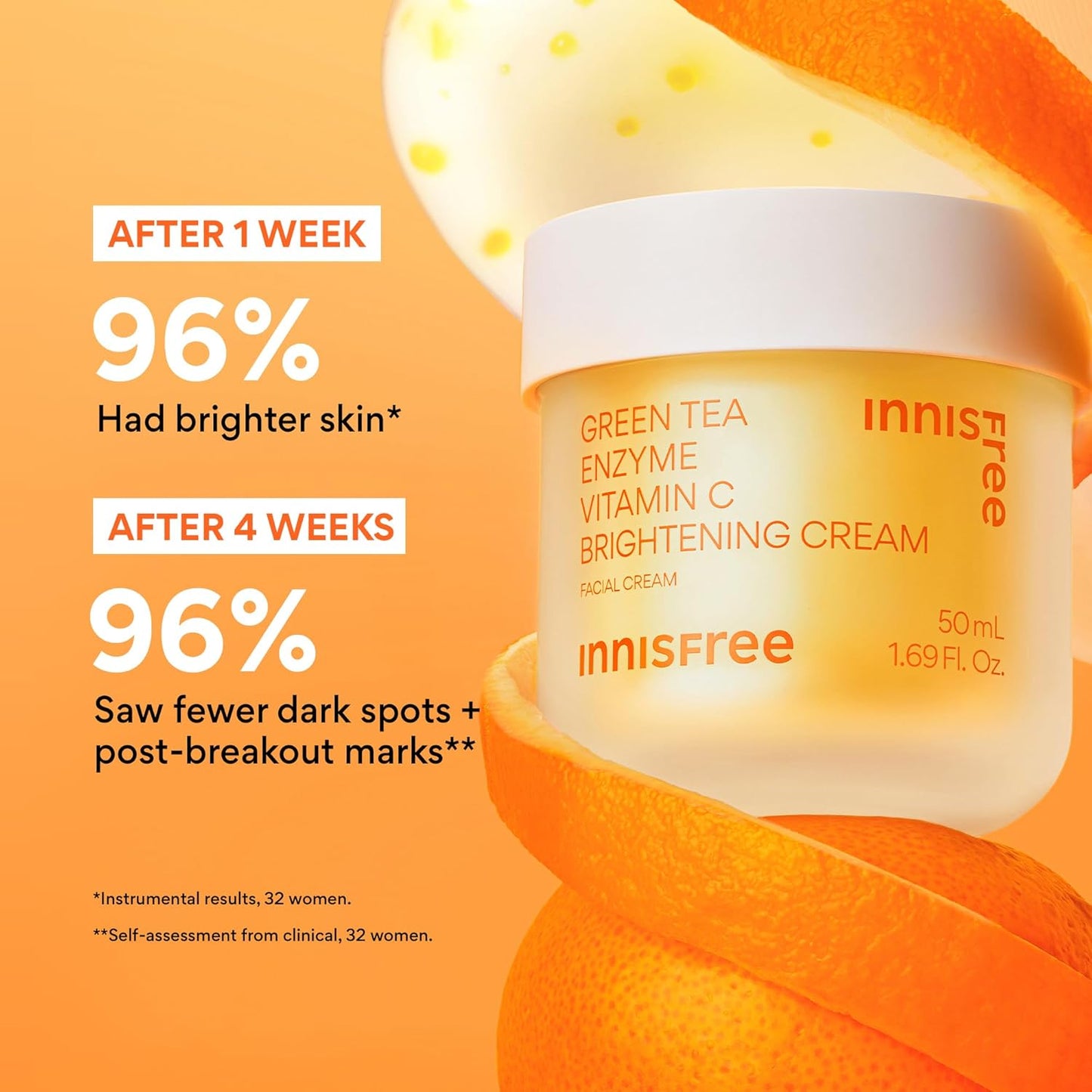 Innisfree Green Tea Enzyme Vitamin C Cream - Brightening Korean Face Moisturizer for Dark Spots & Radiant Skin