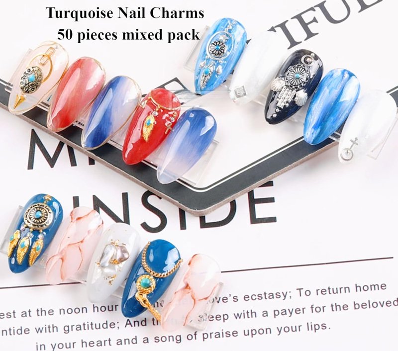 Turquoise Nail Charms - 50 PCS 3D Western Cowboy Nail Art Decorations | Mixed Shapes for Gel & Acrylic Nails (Blue)