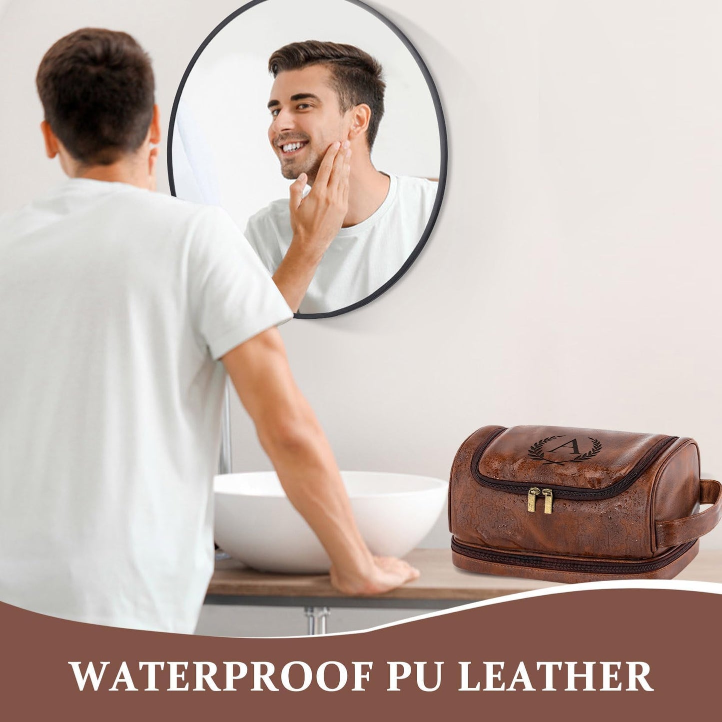Aganmi Travel Essentials Accessories Initial Letter Hanging Toiletry Bag for Men, Personalized PU Leather Waterproof Travel Size Toiletries Storage Organizer Shaving Bag for Men, Reddish Brown R