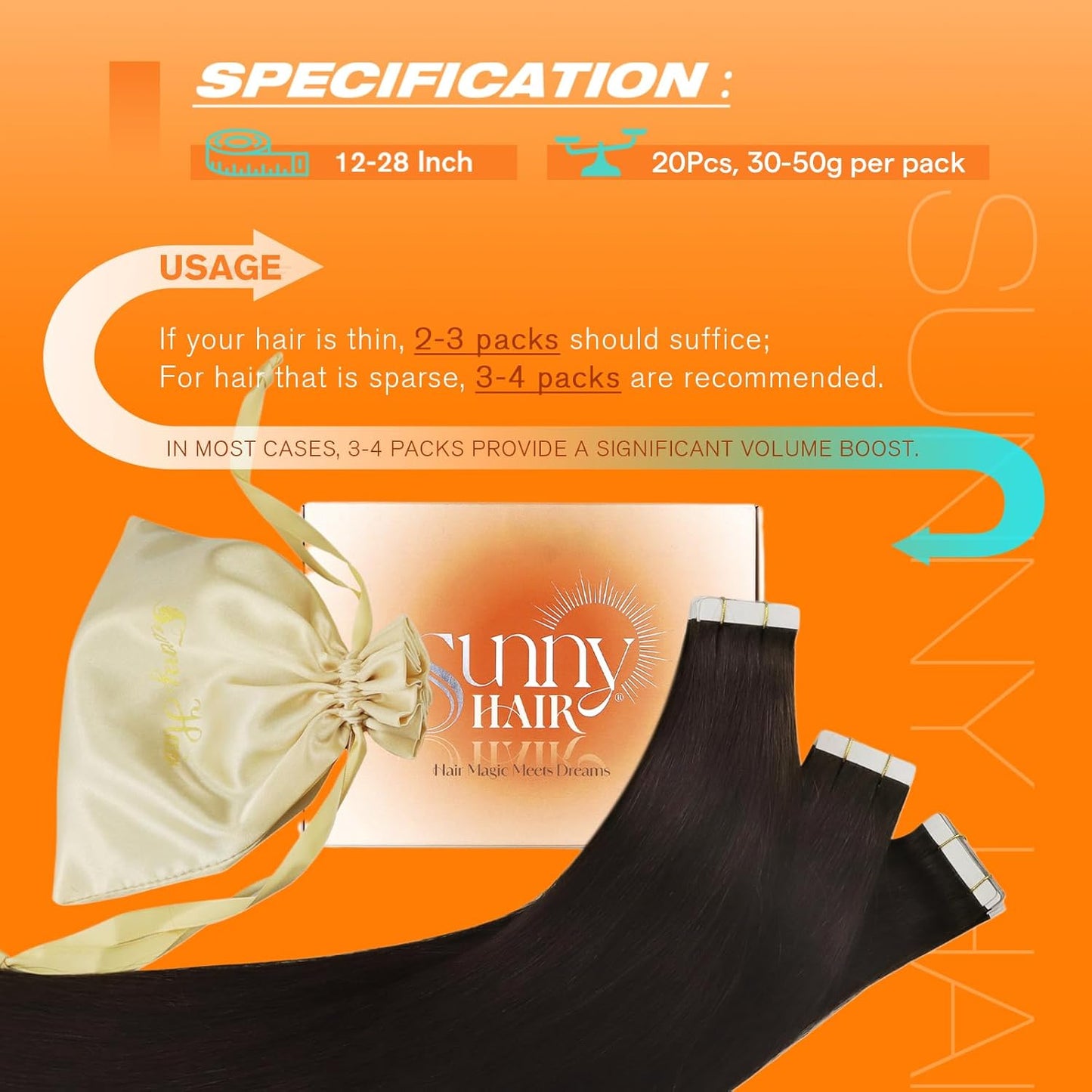 Hair Tape-In Extensions - 22 Inch Invisible Remy Human Hair - Darkest Brown | 20 Pcs, 50g
