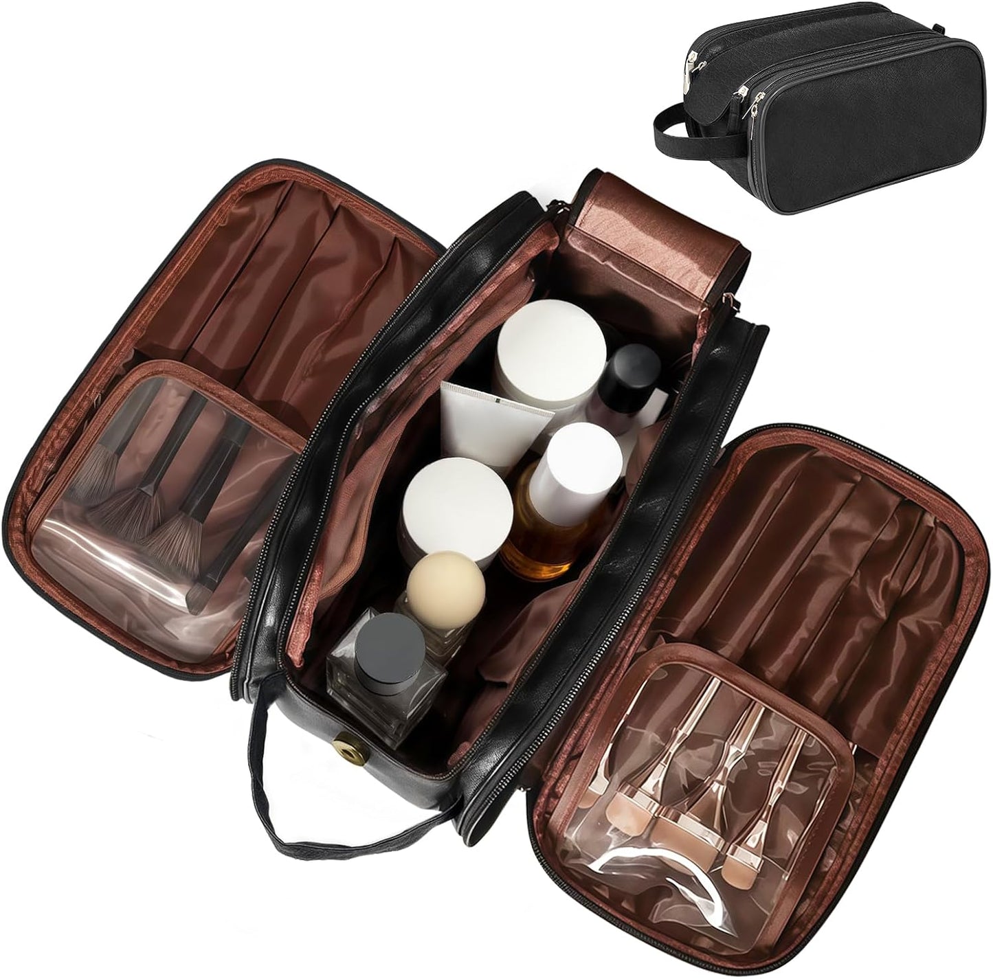 Large Capacity 3-Tier Cosmetic Makeup Bag - Double Zipper Travel Organizer for Makeup & Toiletries | Black
