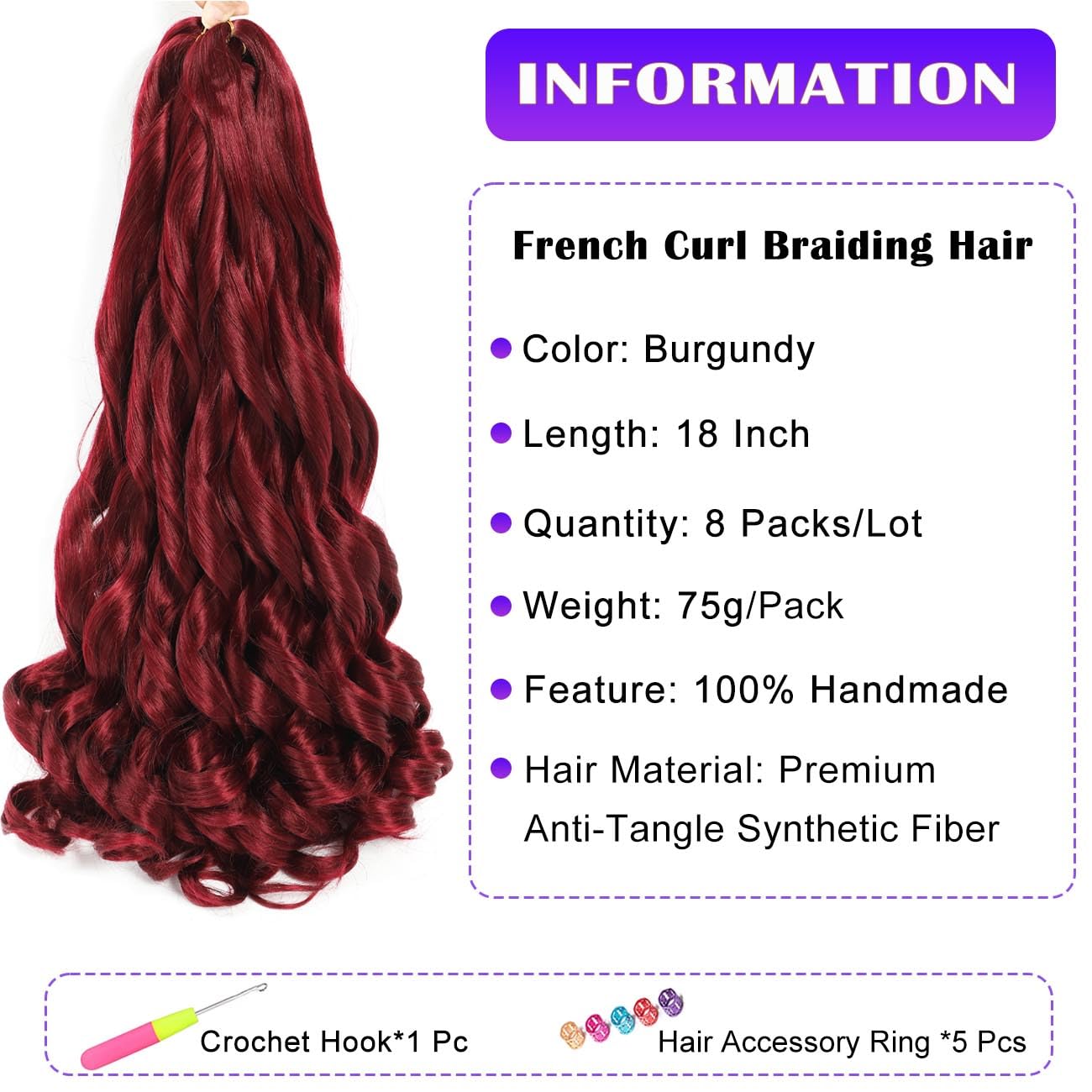 French Curly Braiding Hair 8 Packs Loose Wavy Braiding Hair Pre Stretched Bouncy Synthetic French Curl Braiding Hair Extensions for Women (Burgundy, 18 Inch)
