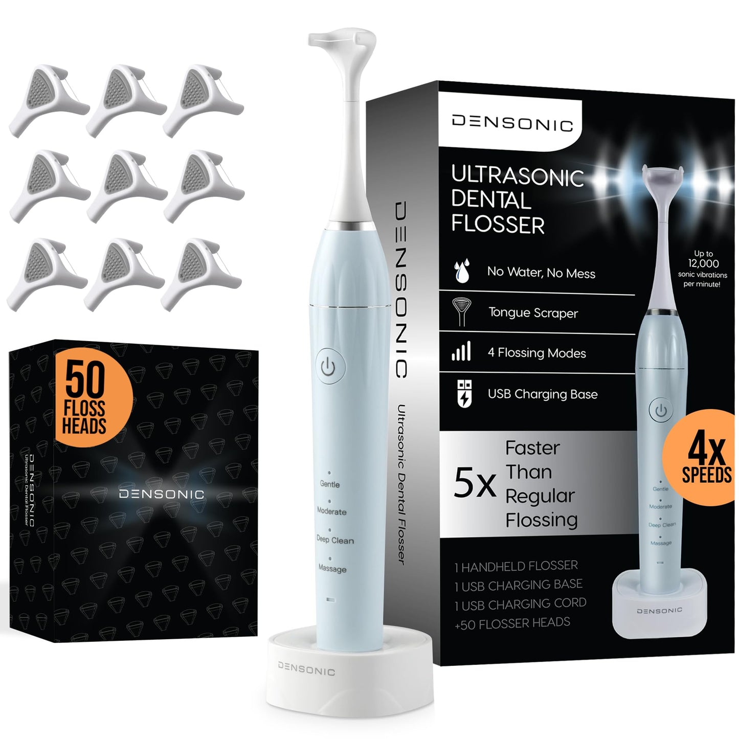 DENSONIC Electric Flosser Kit with Tongue Scraper | No Water, No Mess | Easy Gliding Dental Floss for Gentle Gum Care | Cordless Sonic Power | 50 Replaceable Heads [Celeste Blue]