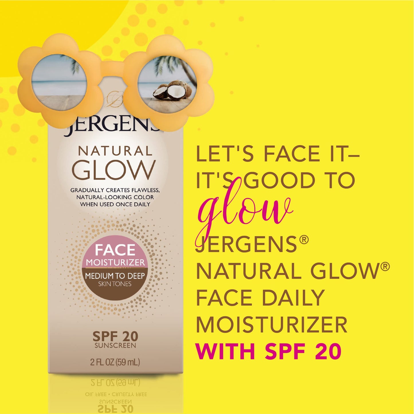 Jergens Natural Glow Self Tanner Face Moisturizer with SPF 20 Facial Sunscreen, Medium to Deep Skin Tone, Sunless Tanning, Oil Free, Broad Spectrum Protection UVA and UVB, 2 oz (Packaging May Vary)