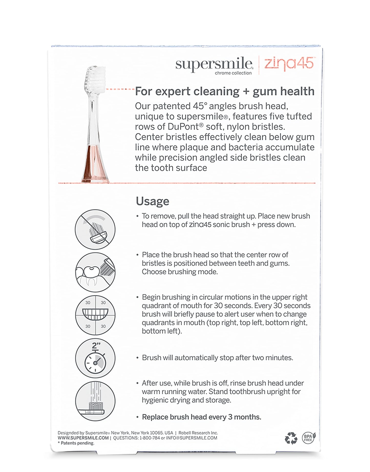 Supersmile Zina45 Replacement Brush Heads, 2 Count, Rose Gold, Patented 45° Angled Toothbrush Replacement Heads with Dupont® Bristles, Fits Zina45 Sonic Toothbrush