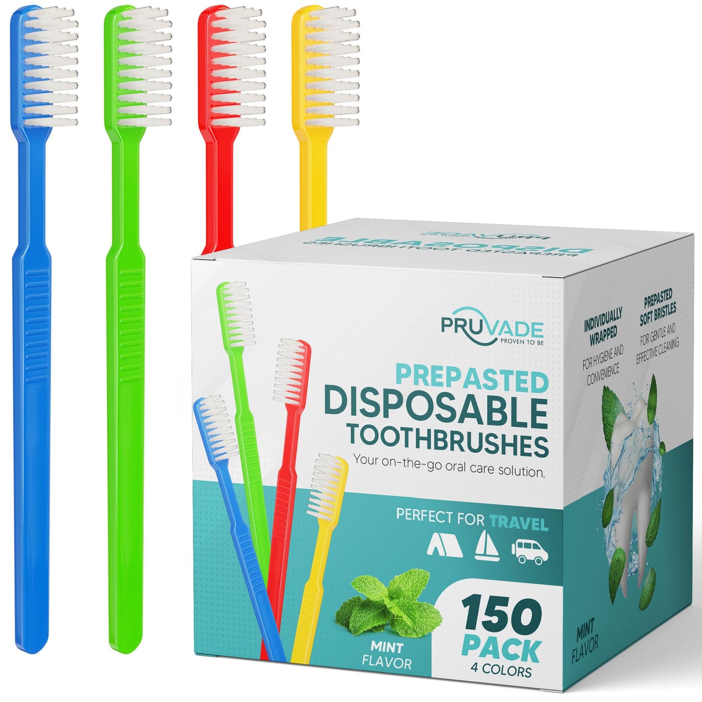 Pruvade 150 Pack Disposable Toothbrushes with Toothpaste, Built in | Prepasted Toothbrushes Individually Wrapped | Single Use Waterless Tooth Brush Soft Bristles for Airbnb, Hotel, Camping, Travel