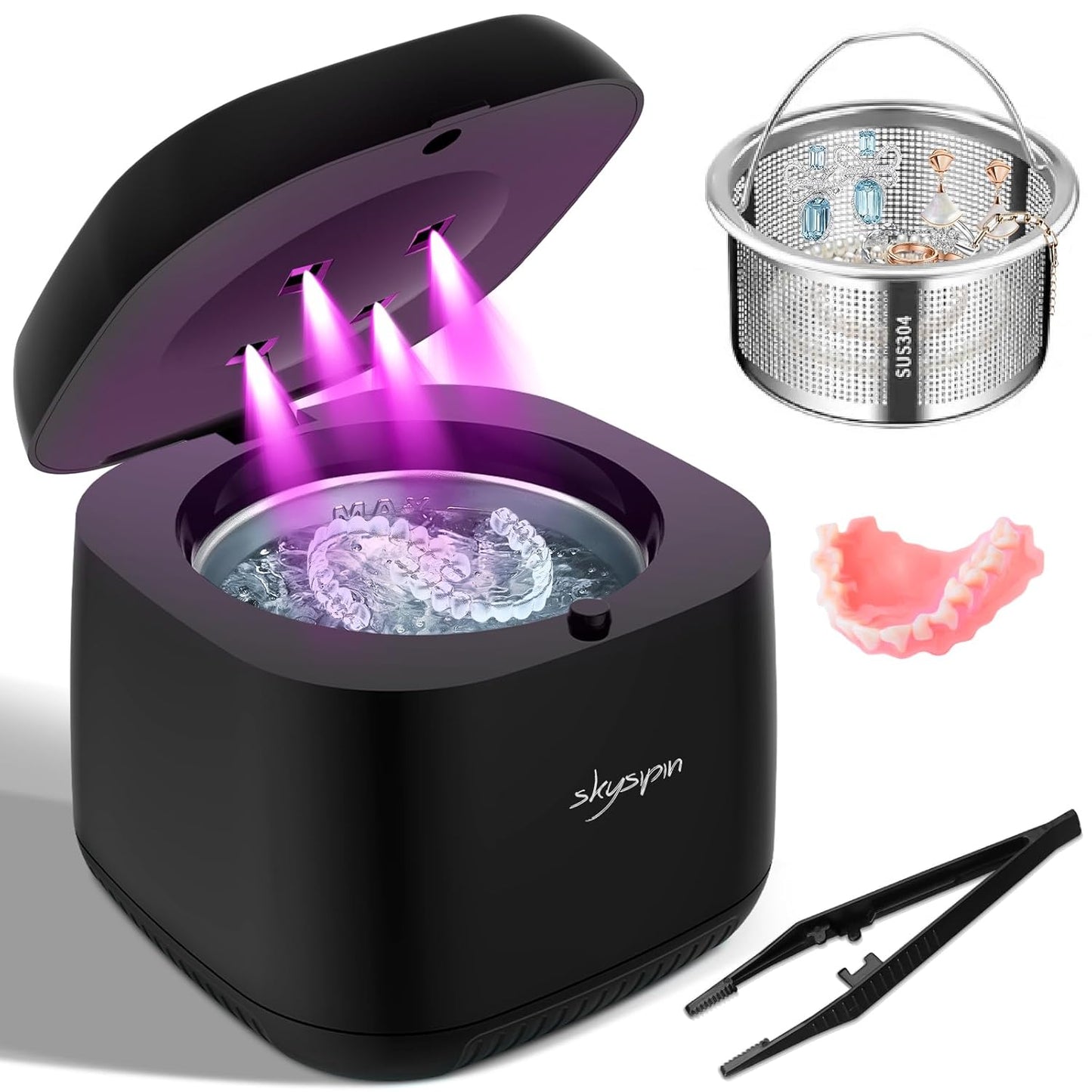 Ultrasonic Retainer Cleaner - 45KHz Dental Appliance & Jewelry Cleaner | 2 Modes, Quiet Operation, 6.8oz Black