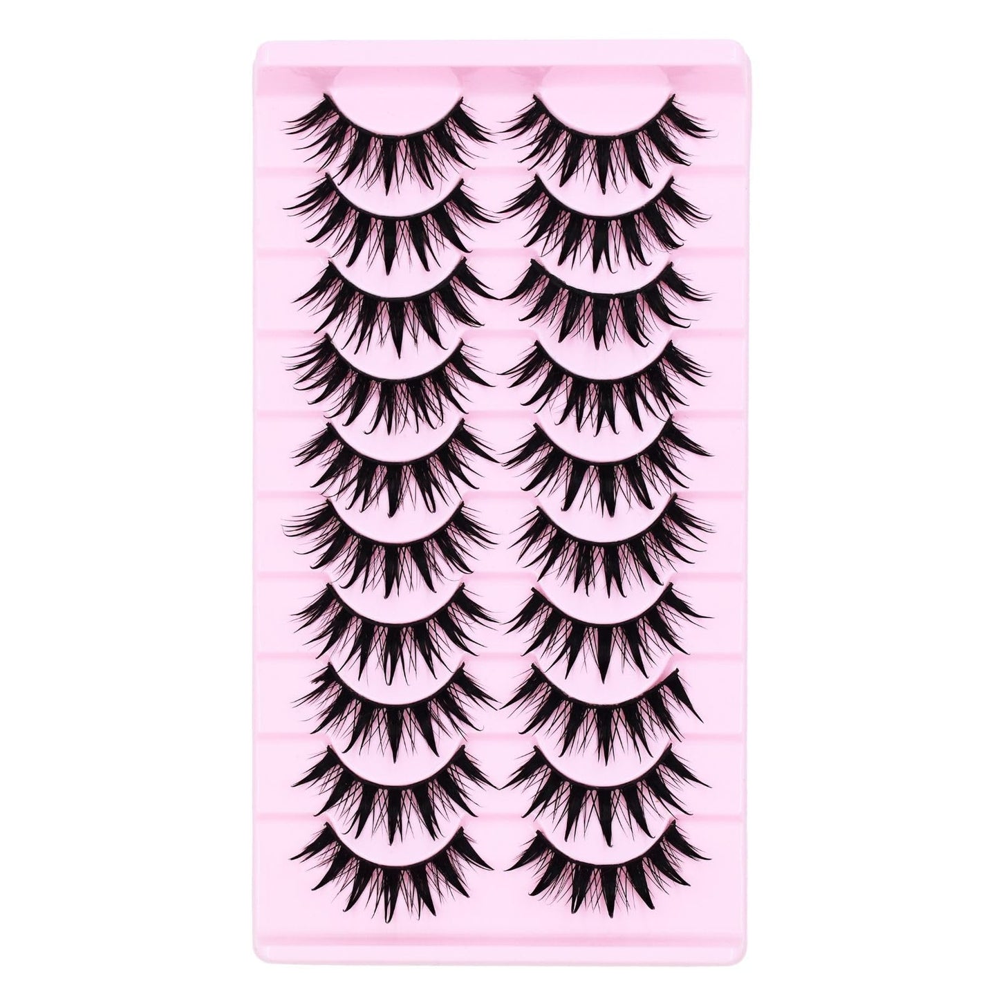 Anime Manga Style Cat Eye False Eyelashes 10 Pairs Wet Look C-Curl Spiky Makeup Lashes with Cotton Band for Cosplay, Daily Wear & Party