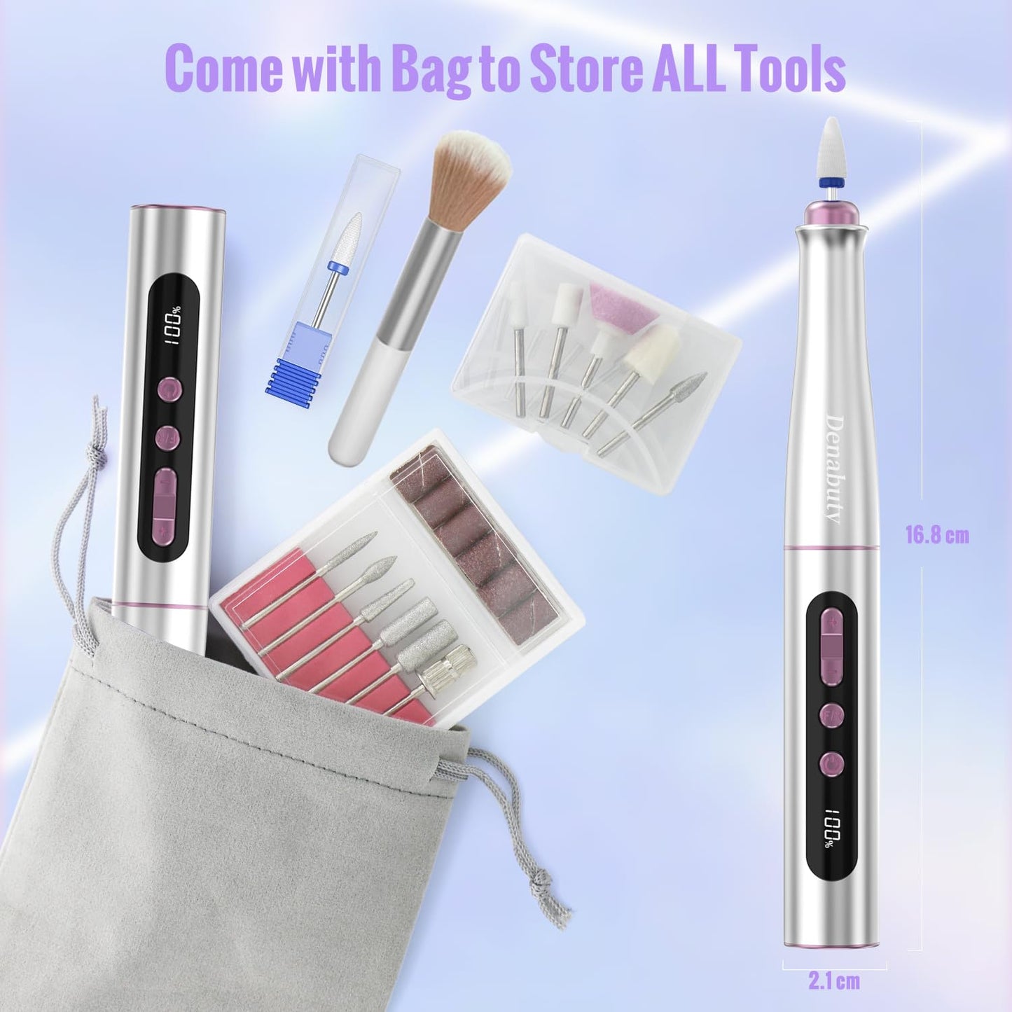 Denabuty Cordless Electric Nail Drill Machine, 13 in 1 Nail File Kit 35000RPM Professional Portable Rechargeable E File for Acrylic Polish Gel Removal Manicure Pedicure Set with 5 Speeds Violet