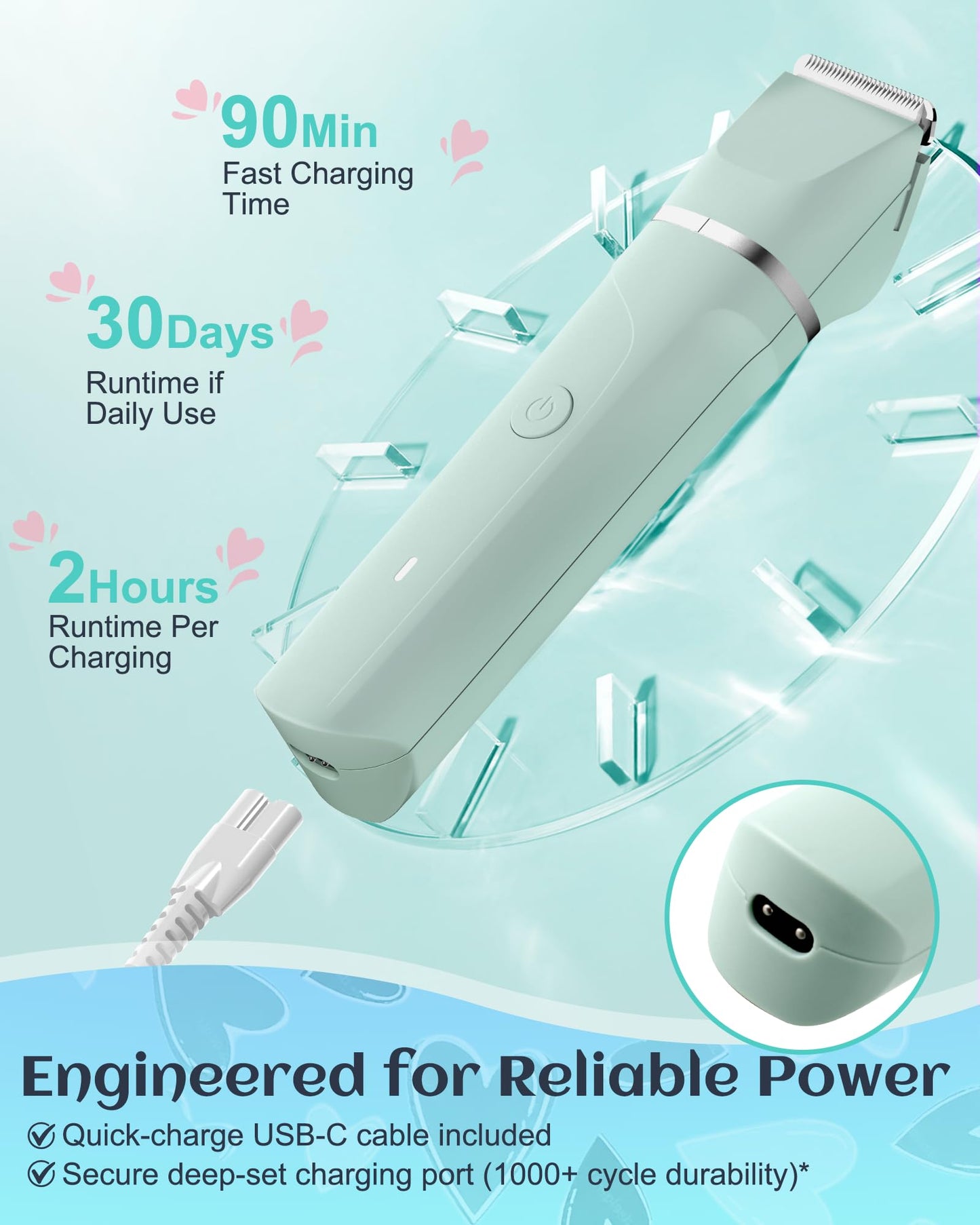 Bikini Trimmer Women,Electric Razor for Pubic Hair Women's Foil Shaver Rechargeable Shaver Removal with Snap-in Ceramic Blades,IP7X Waterproof,Wet and Dry Use,Green